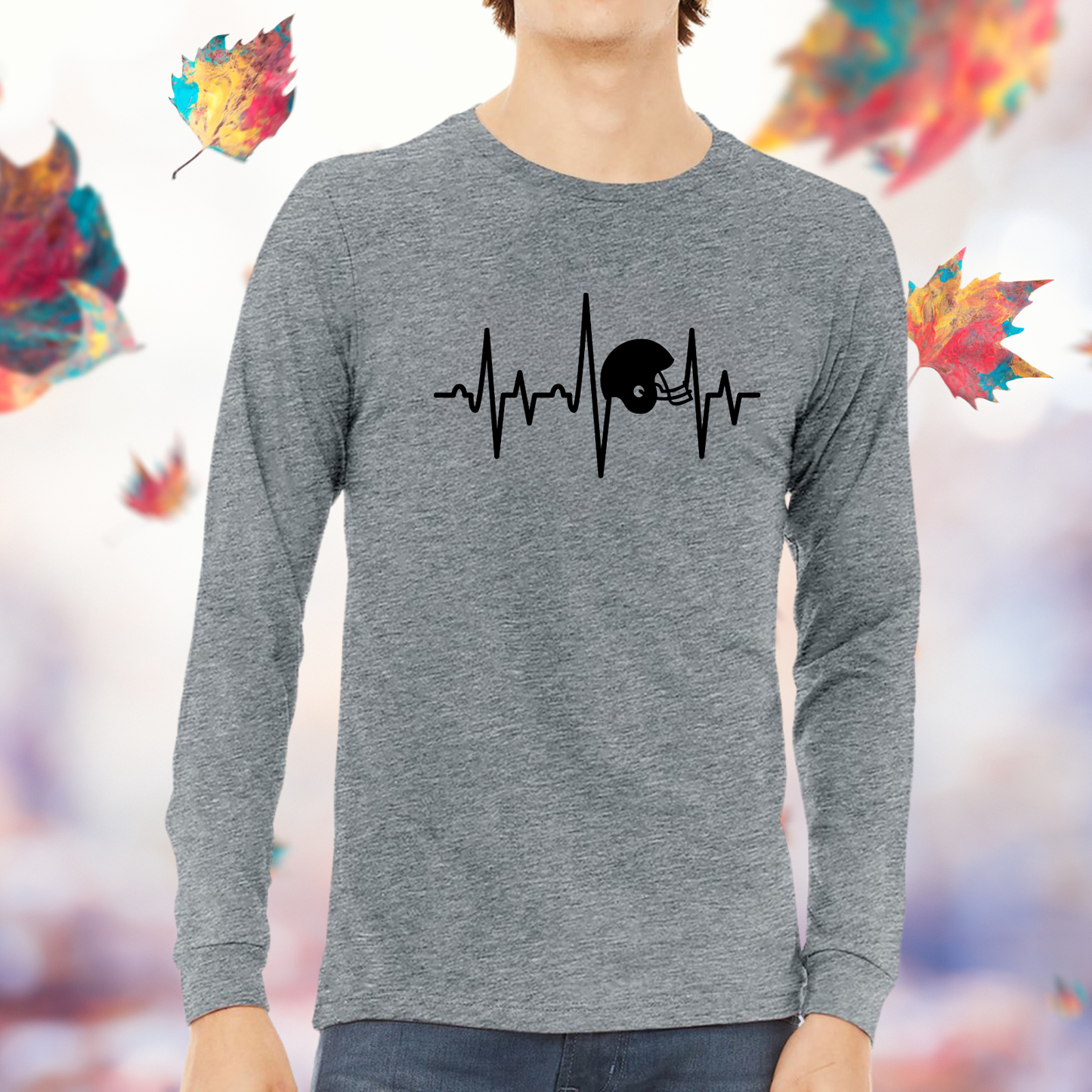 Football Helmet Heartbeat Long Sleeve Tee