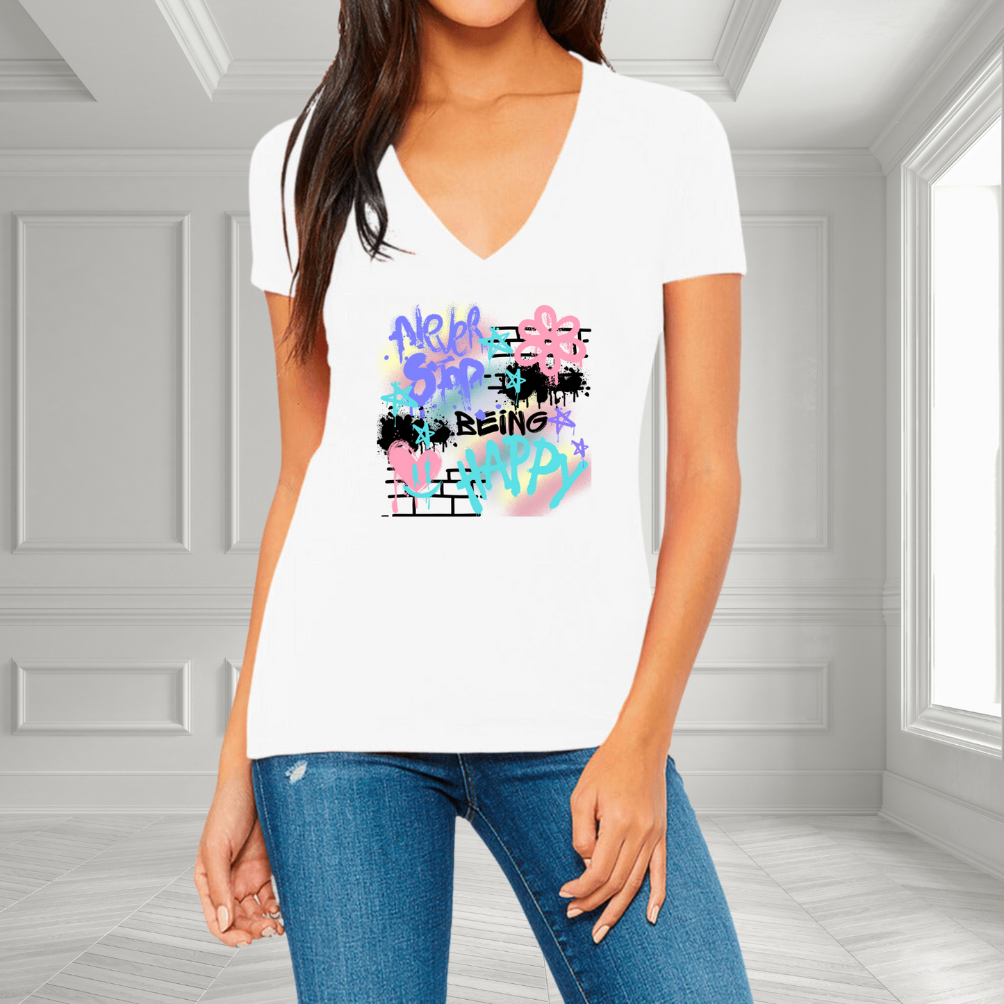 Never Stop Being Happy V-Neck T-Shirt
