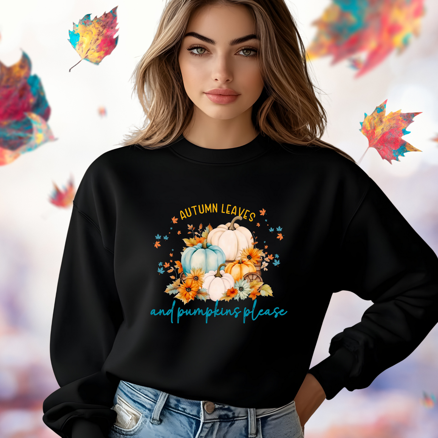 Autumn Leaves & Pumpkins Please Crewneck Sweatshirt