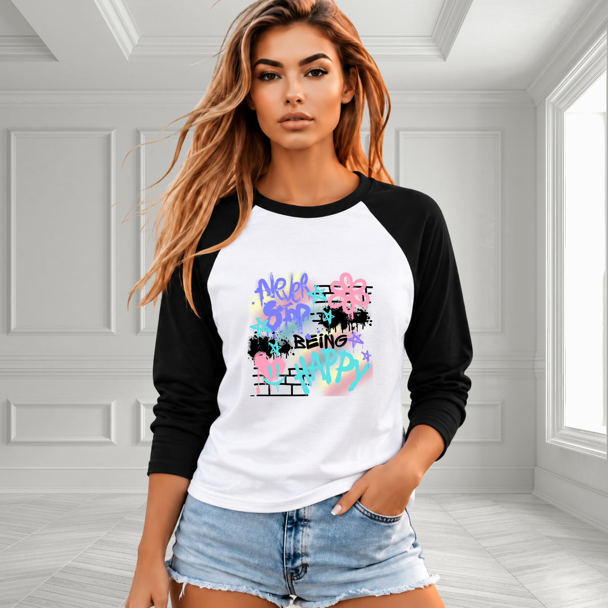 Never Stop Being Happy Baseball Tee