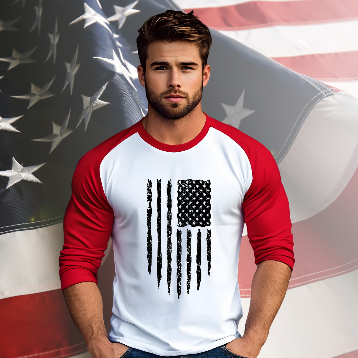 Distressed American Flag Baseball Tee