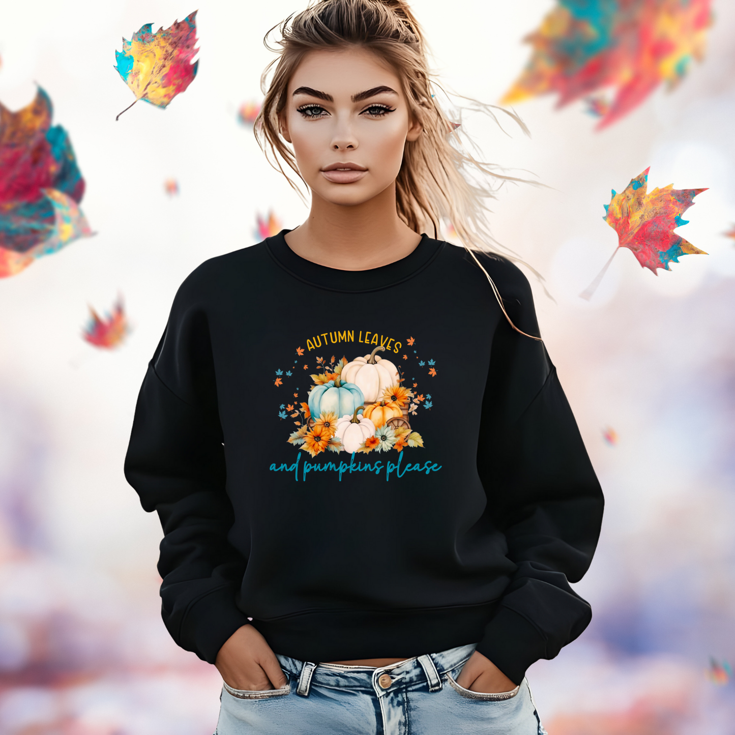 Autumn Leaves & Pumpkins Please Crewneck Sweatshirt