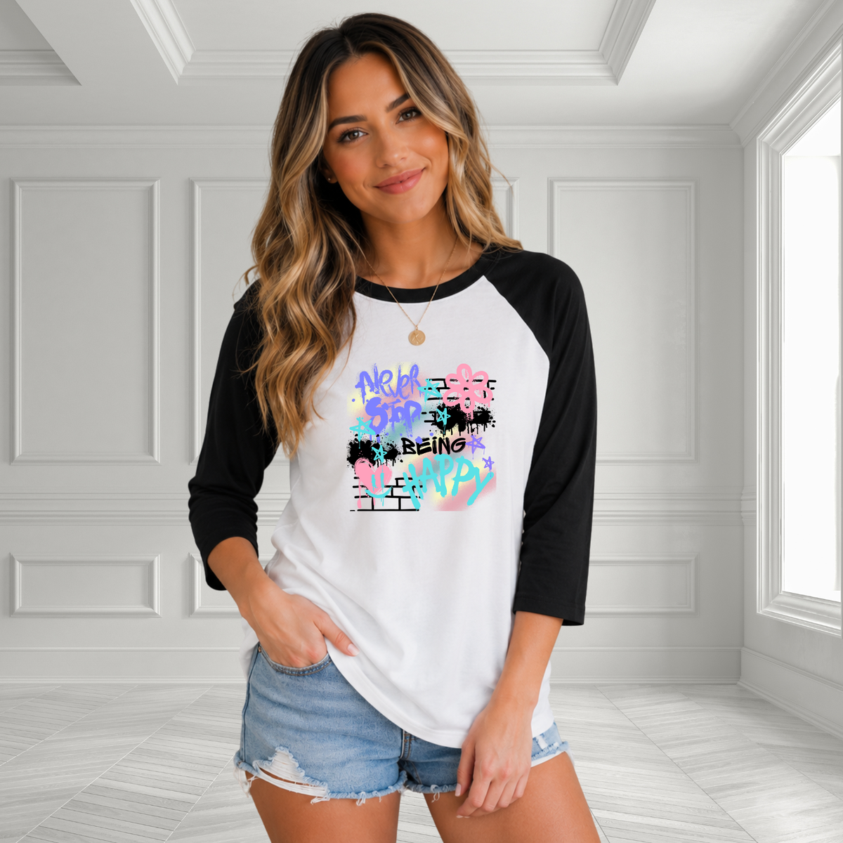 Never Stop Being Happy Baseball Tee