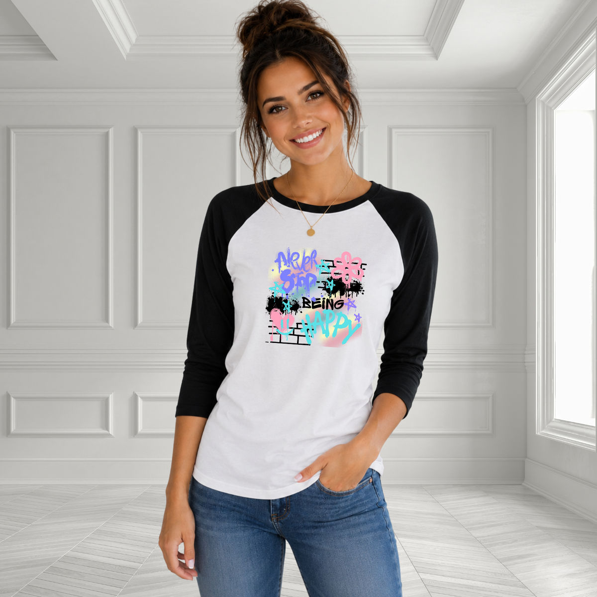 Never Stop Being Happy Baseball Tee