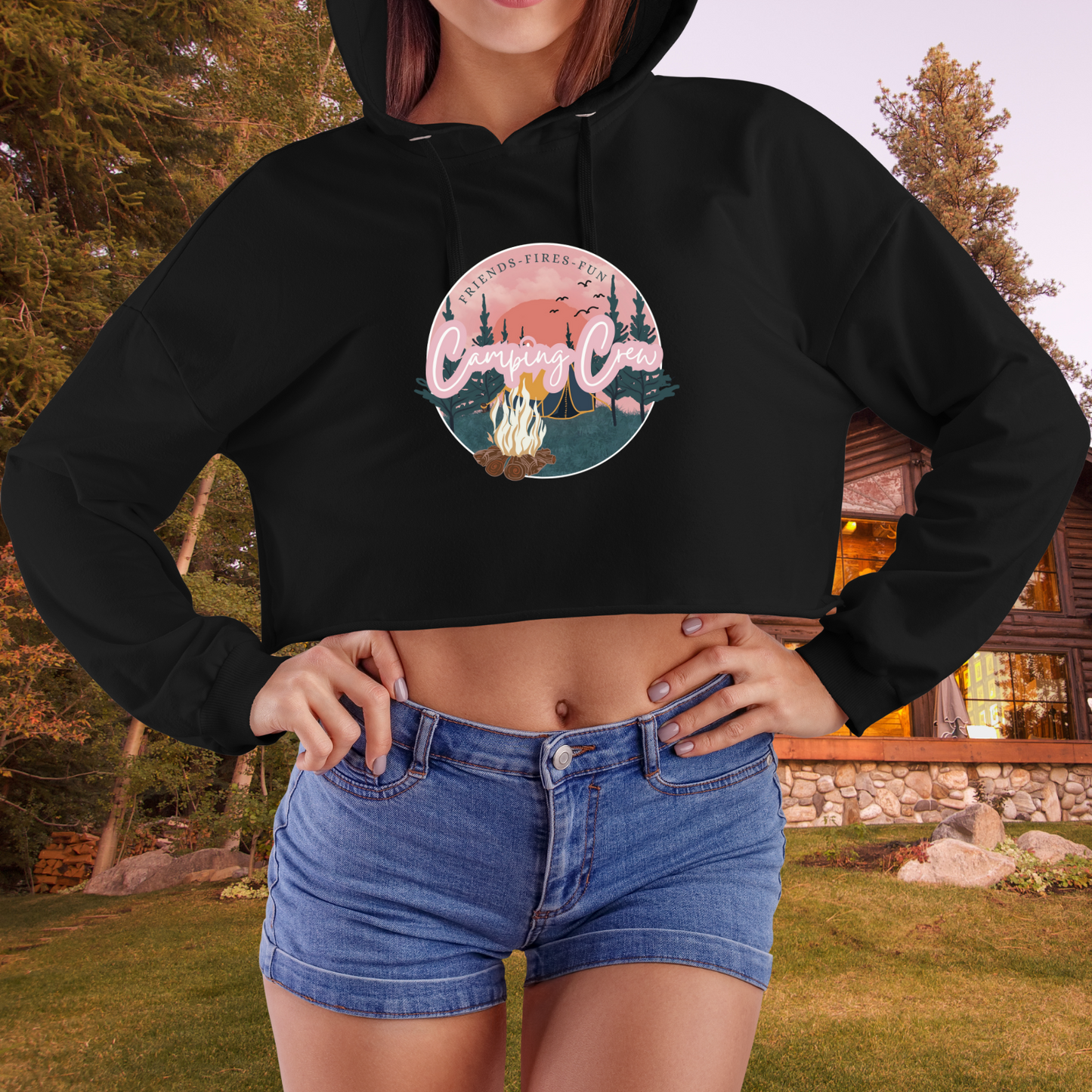 Camping Crew- Fires, Friends, Fun Crop Hoodie