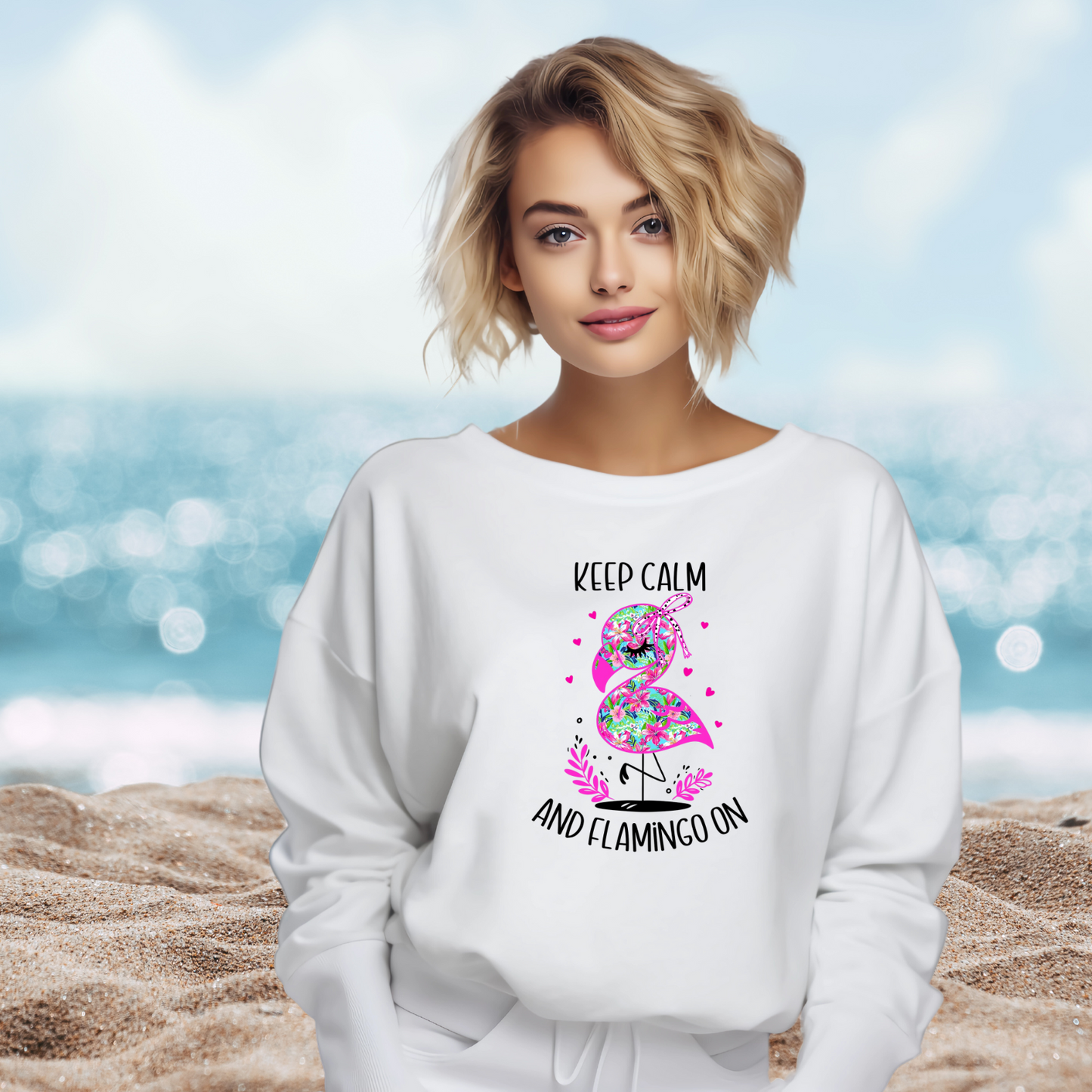 Keep Calm And Flamingo On Crewneck Sweatshirt