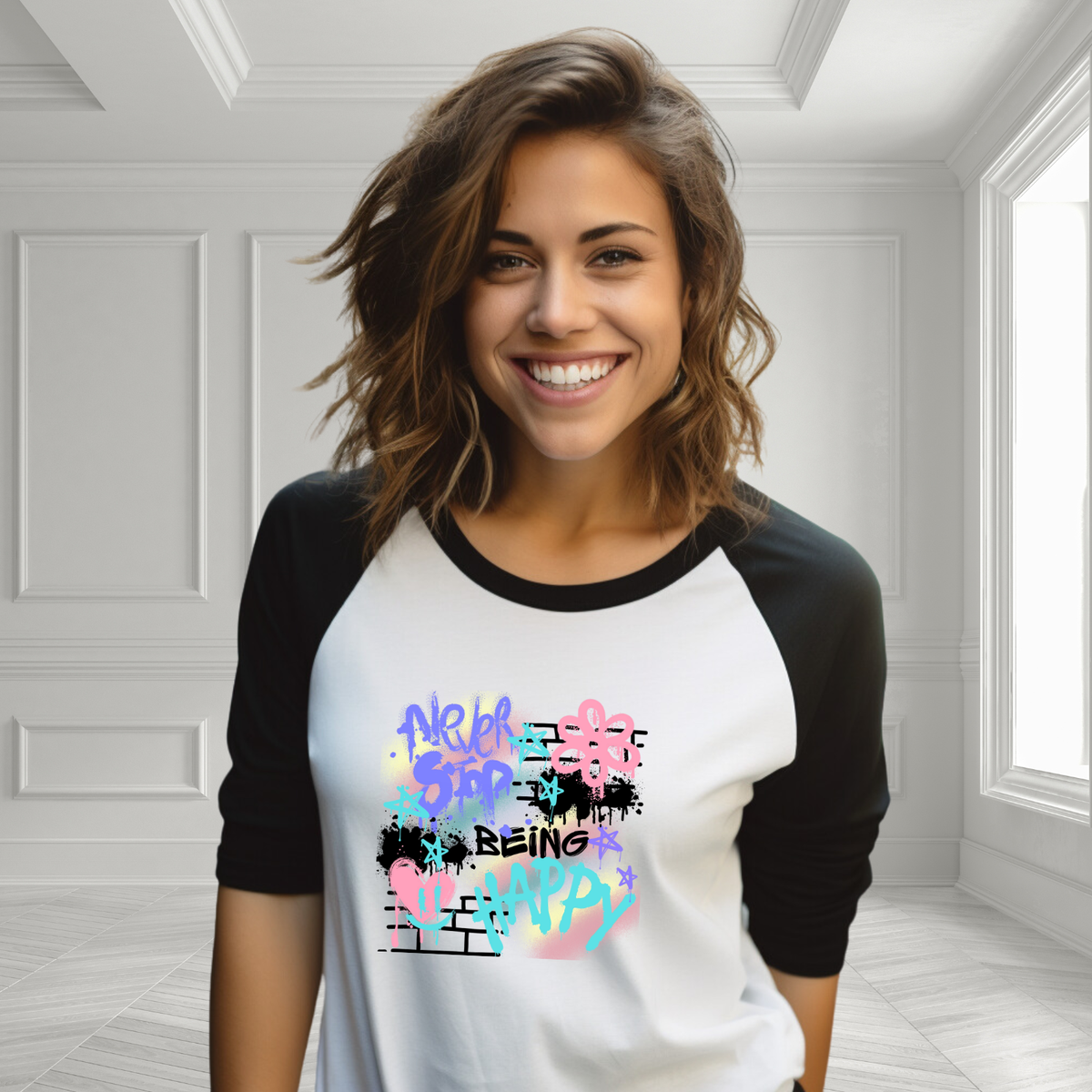 Never Stop Being Happy Baseball Tee