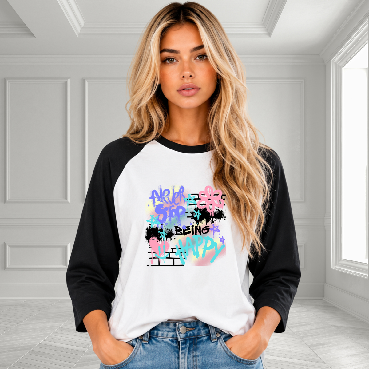 Never Stop Being Happy Baseball Tee