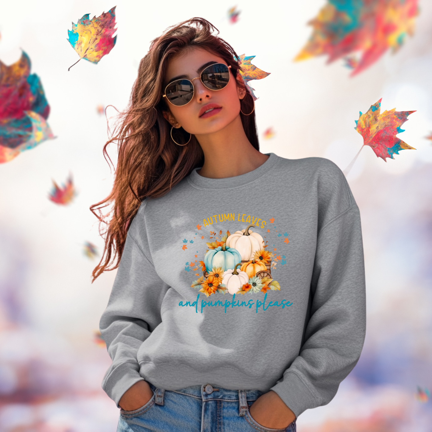 Autumn Leaves & Pumpkins Please Crewneck Sweatshirt
