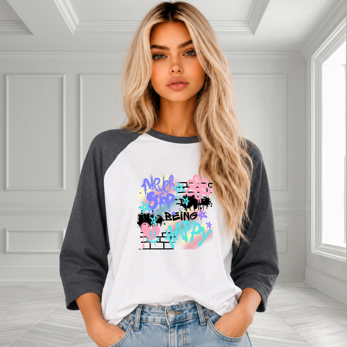 Never Stop Being Happy Baseball Tee