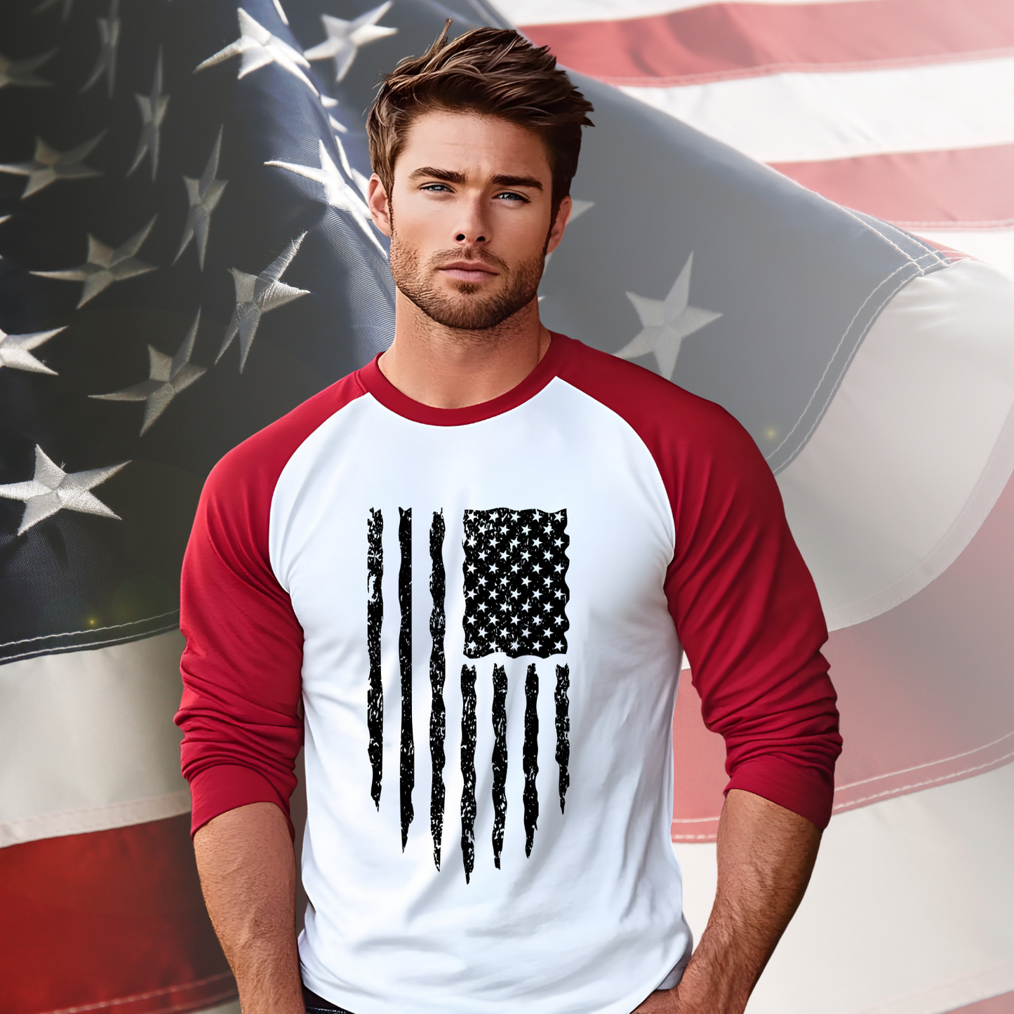 Distressed American Flag Baseball Tee