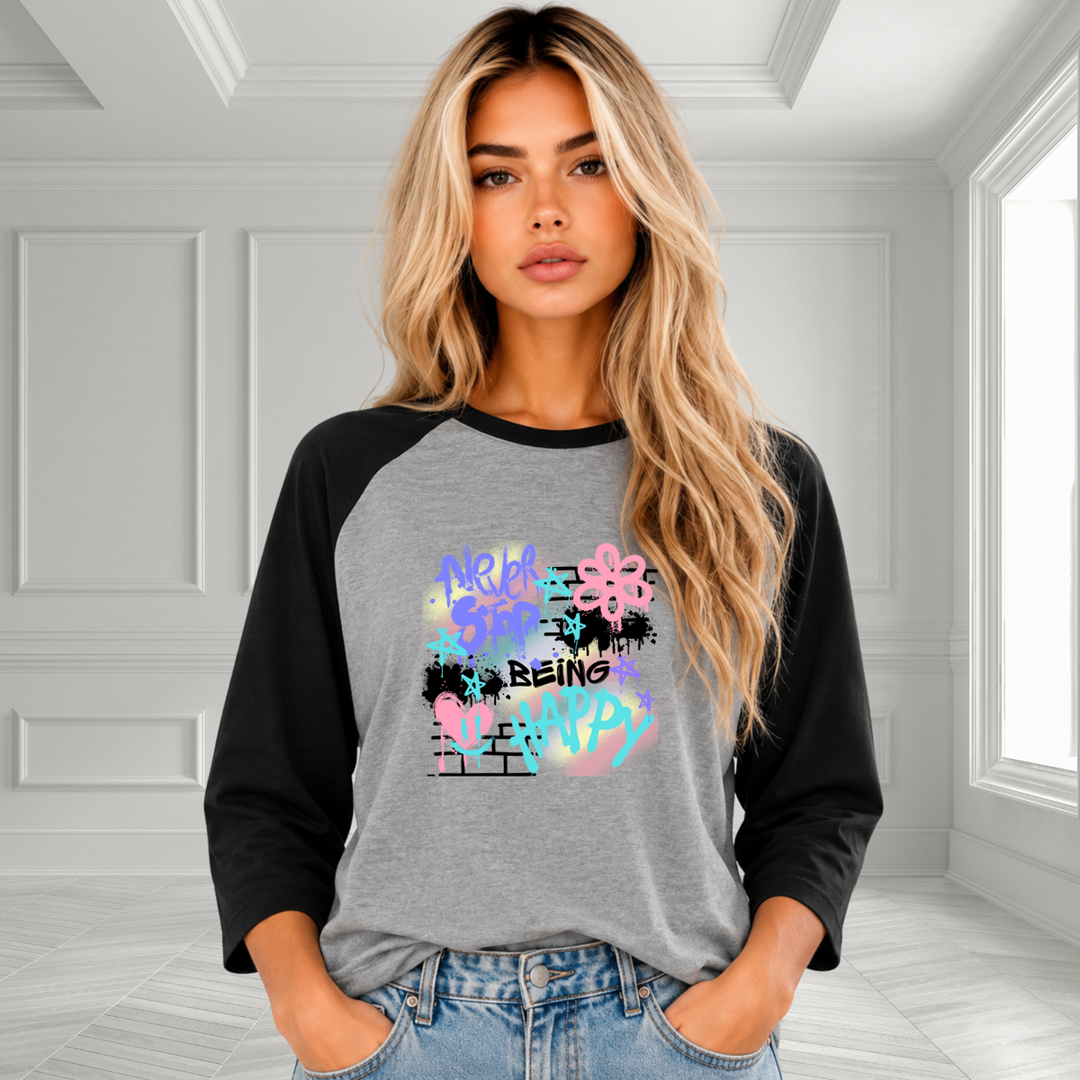 Never Stop Being Happy Baseball Tee