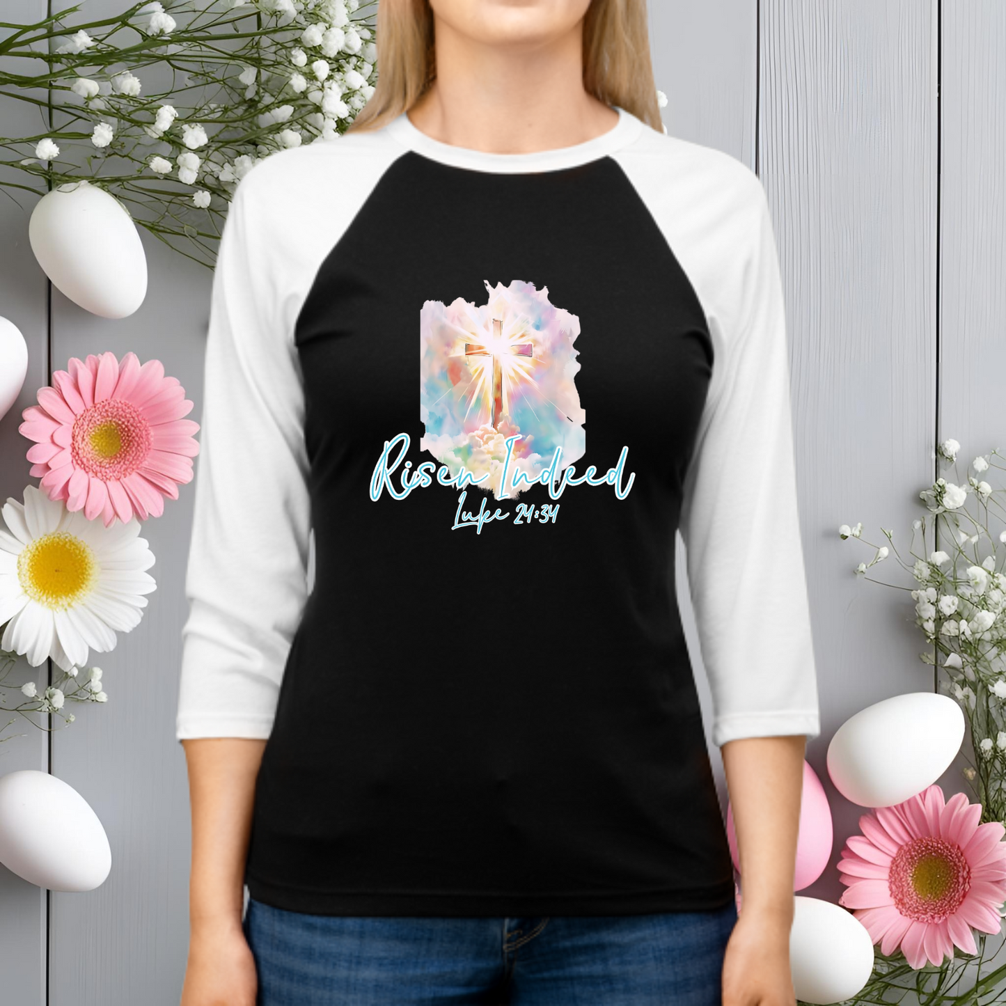 Risen Indeed Luke 24:34 Baseball Tee