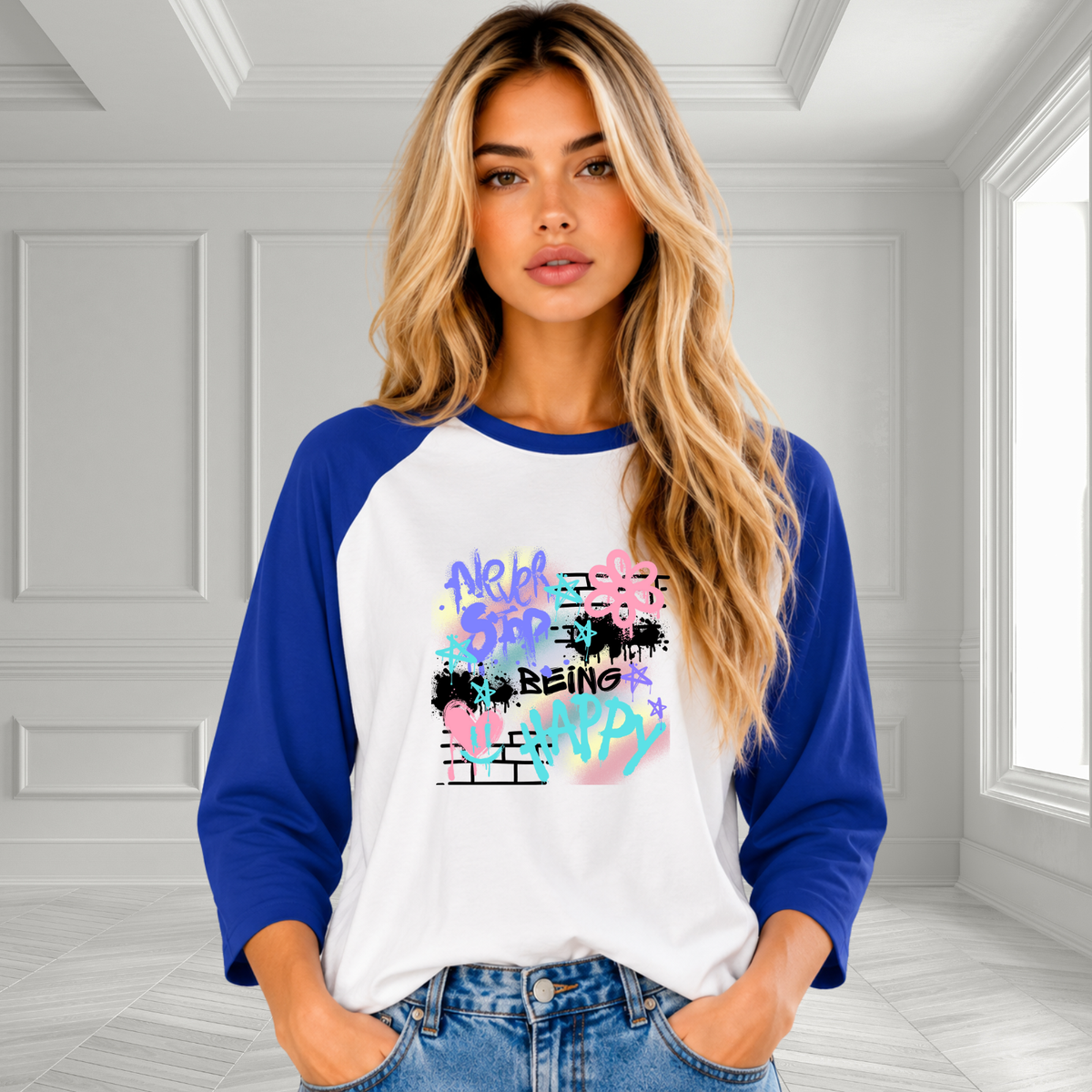 Never Stop Being Happy Baseball Tee