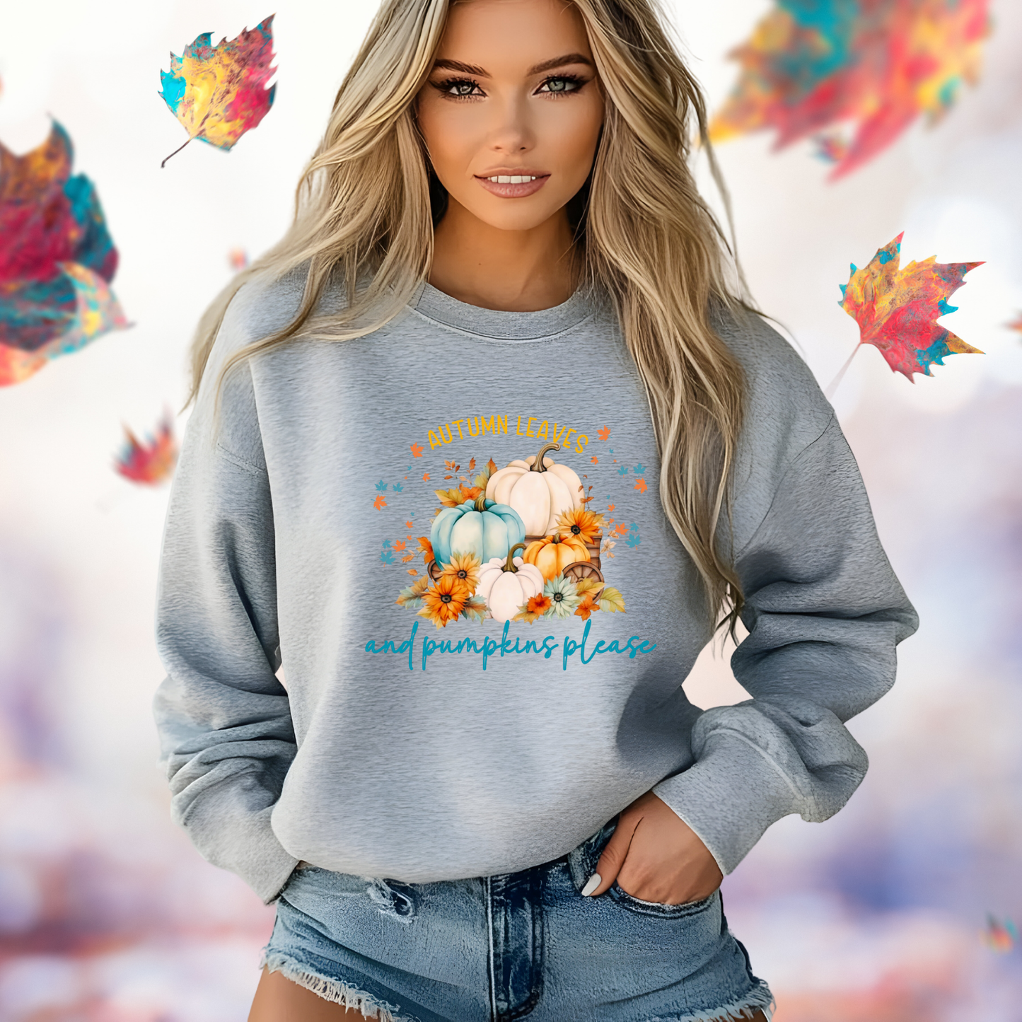 Autumn Leaves & Pumpkins Please Crewneck Sweatshirt