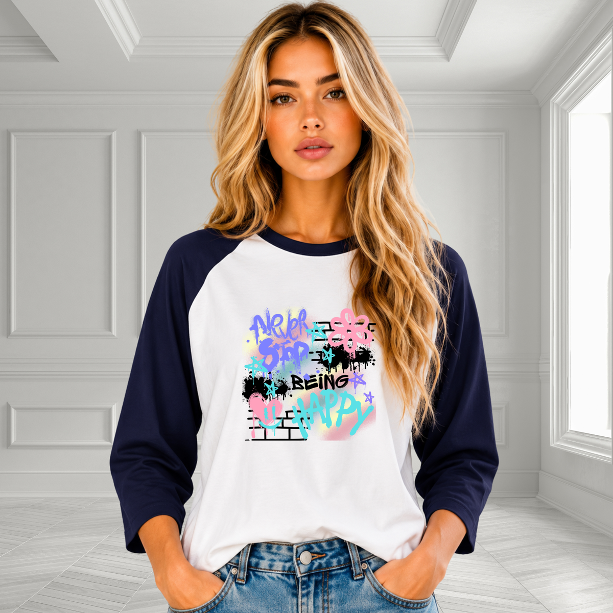 Never Stop Being Happy Baseball Tee