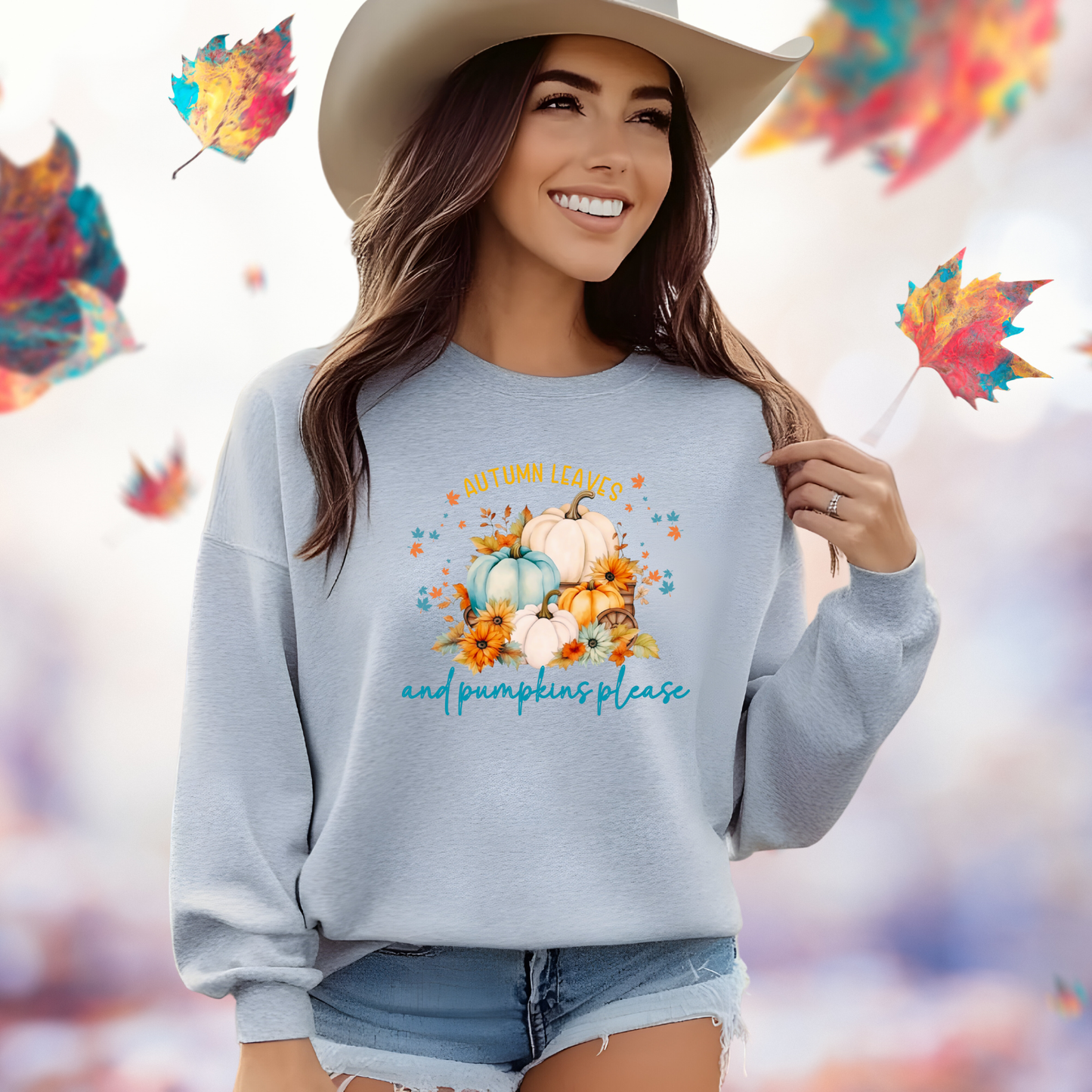 Autumn Leaves & Pumpkins Please Crewneck Sweatshirt