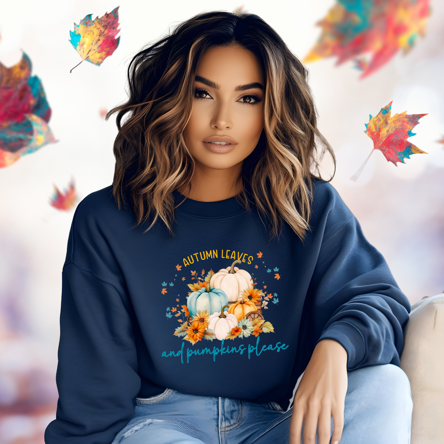 Autumn Leaves & Pumpkins Please Crewneck Sweatshirt