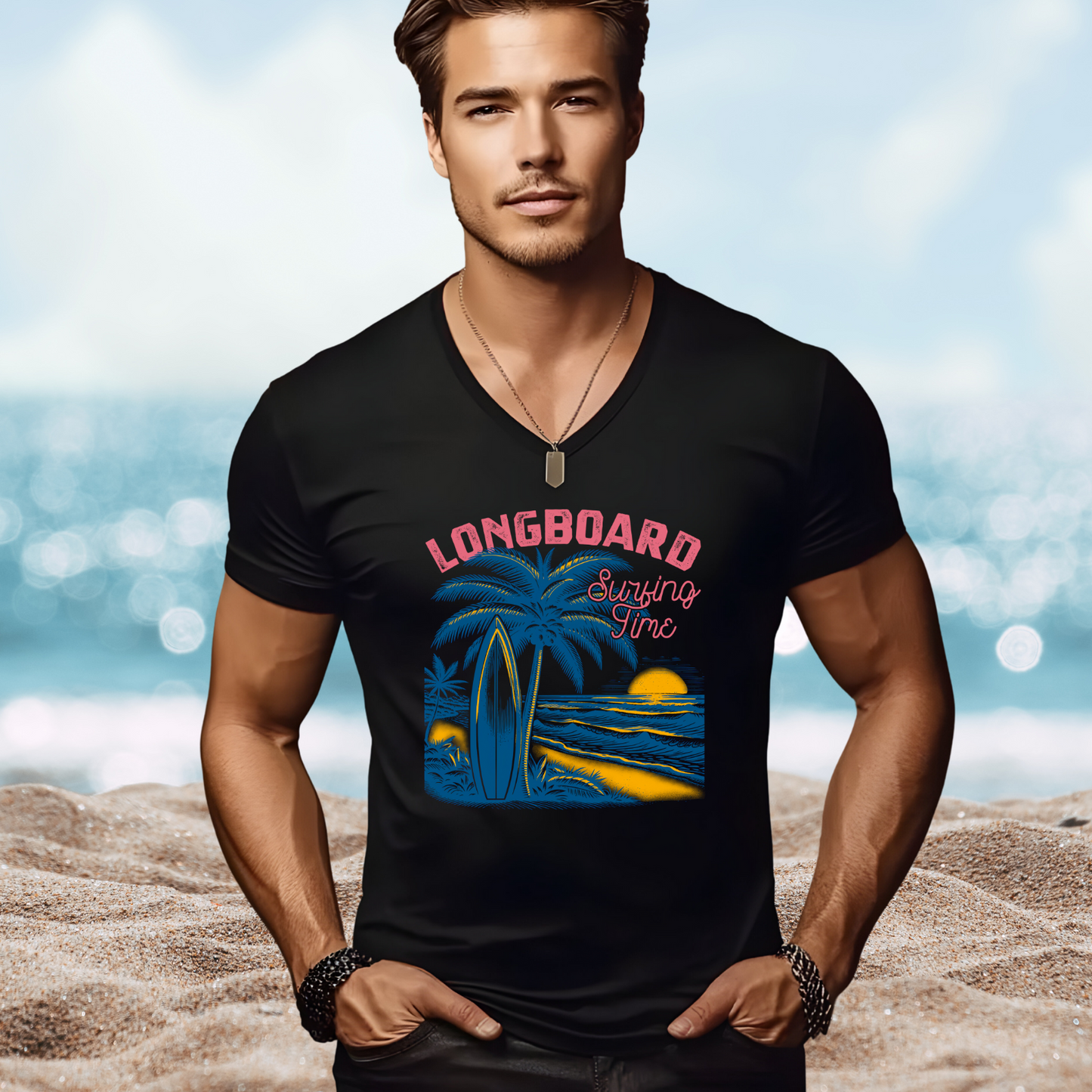 Longboard Surfing V-Neck Tee