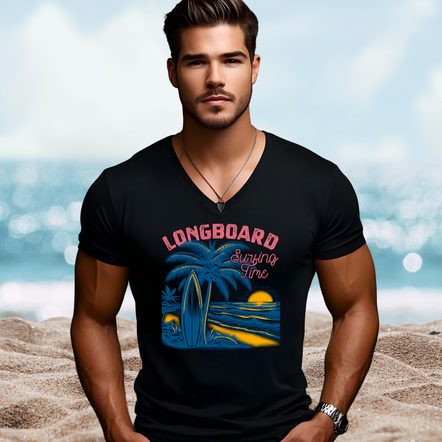 Longboard Surfing V-Neck Tee
