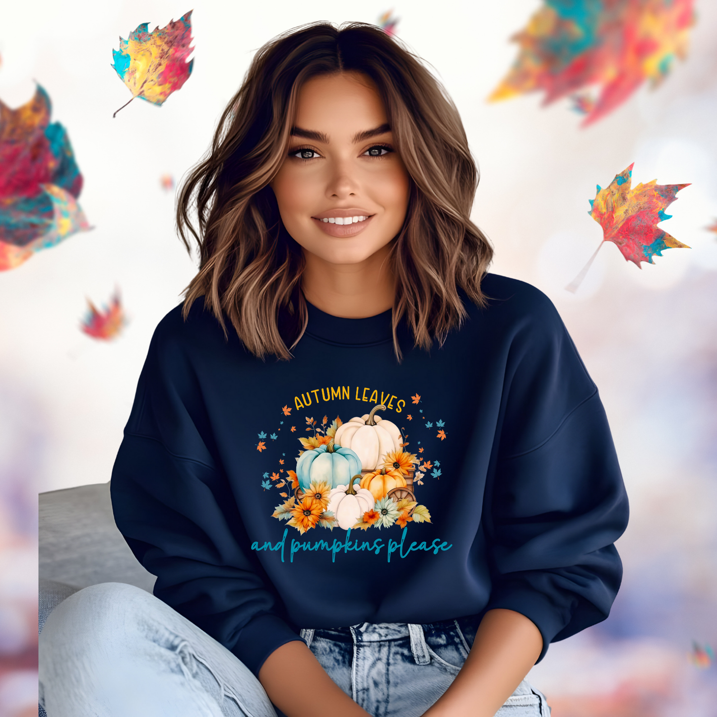 Autumn Leaves & Pumpkins Please Crewneck Sweatshirt