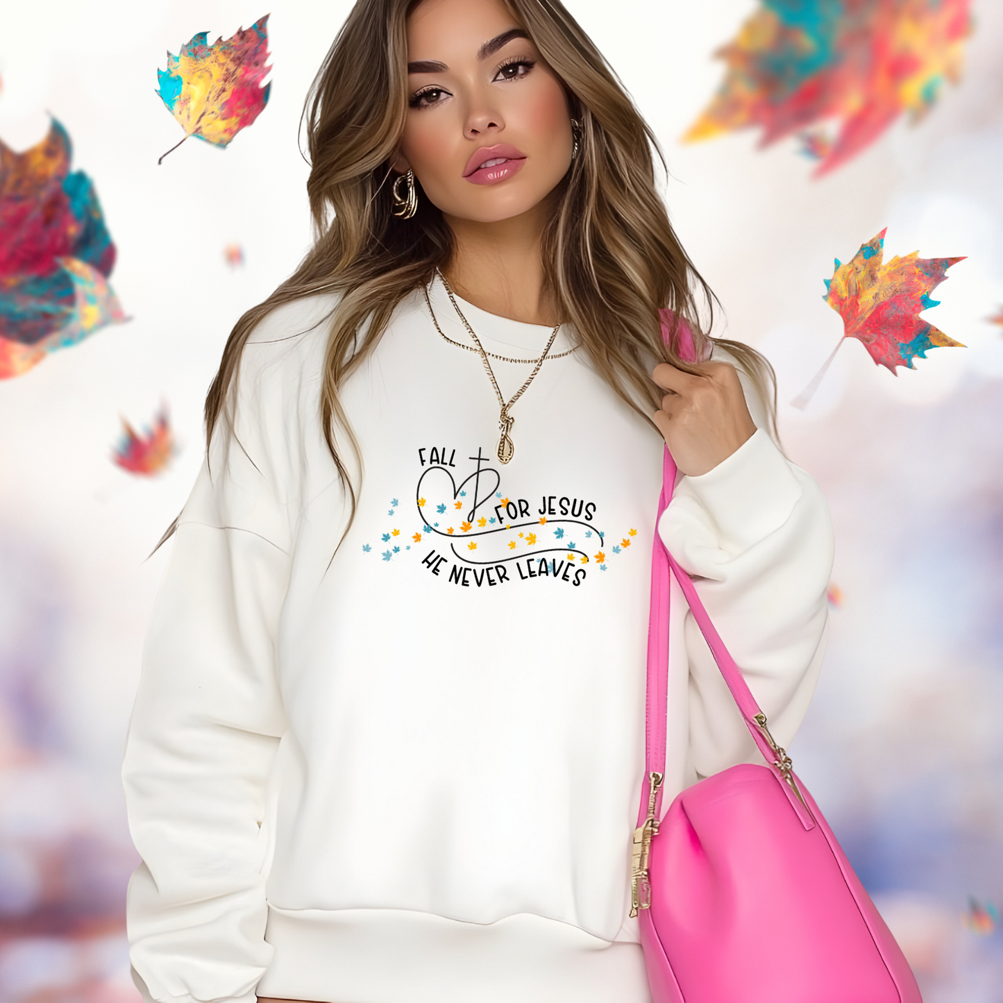 Fall for Jesus, He Never Leaves Crewneck Sweatshirt