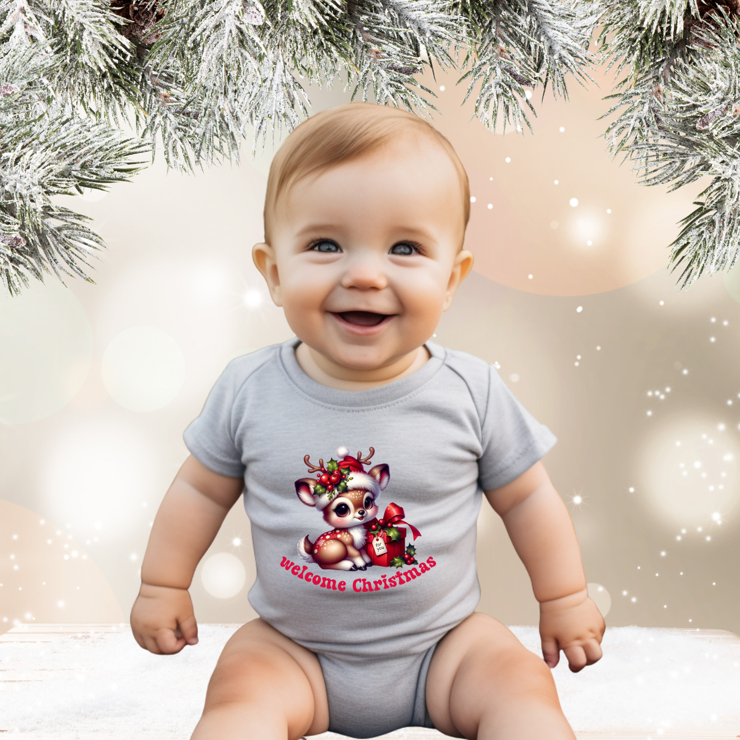 Welcome Christmas Infant Short Sleeve Onesie
