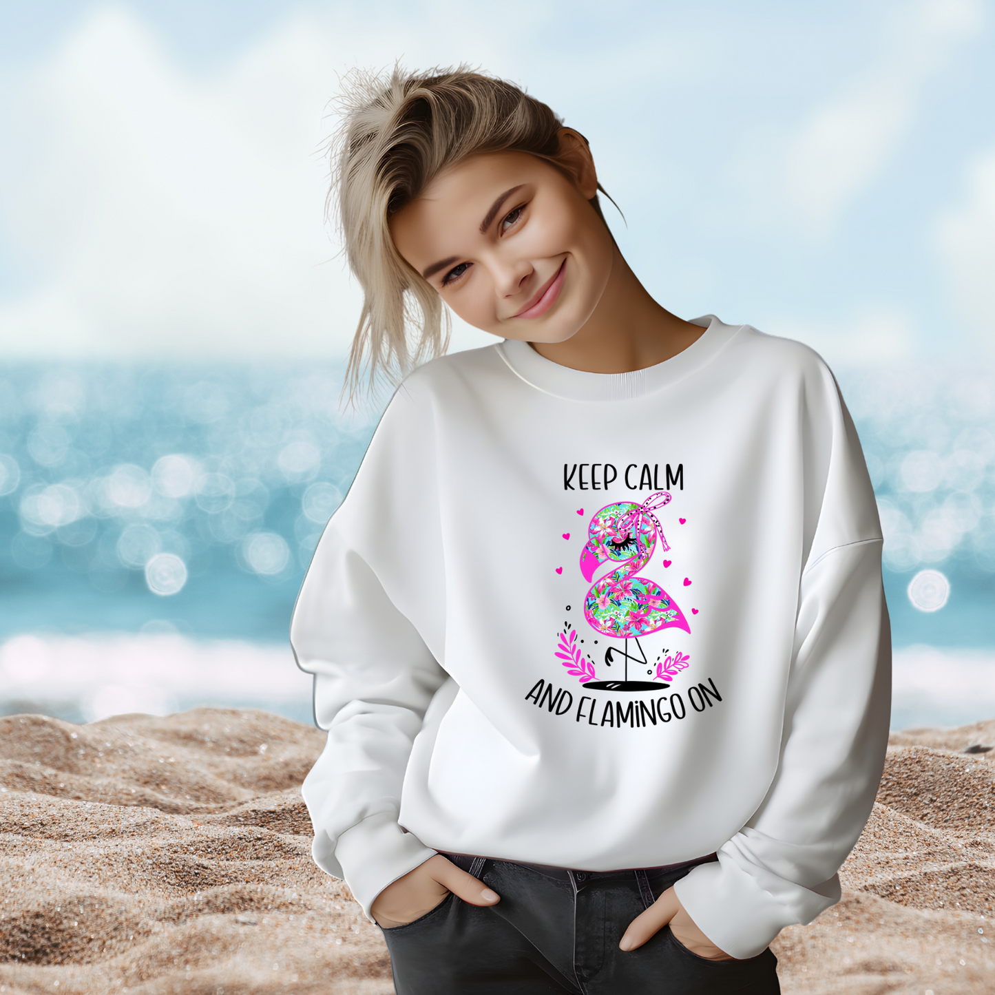 Keep Calm And Flamingo On Crewneck Sweatshirt