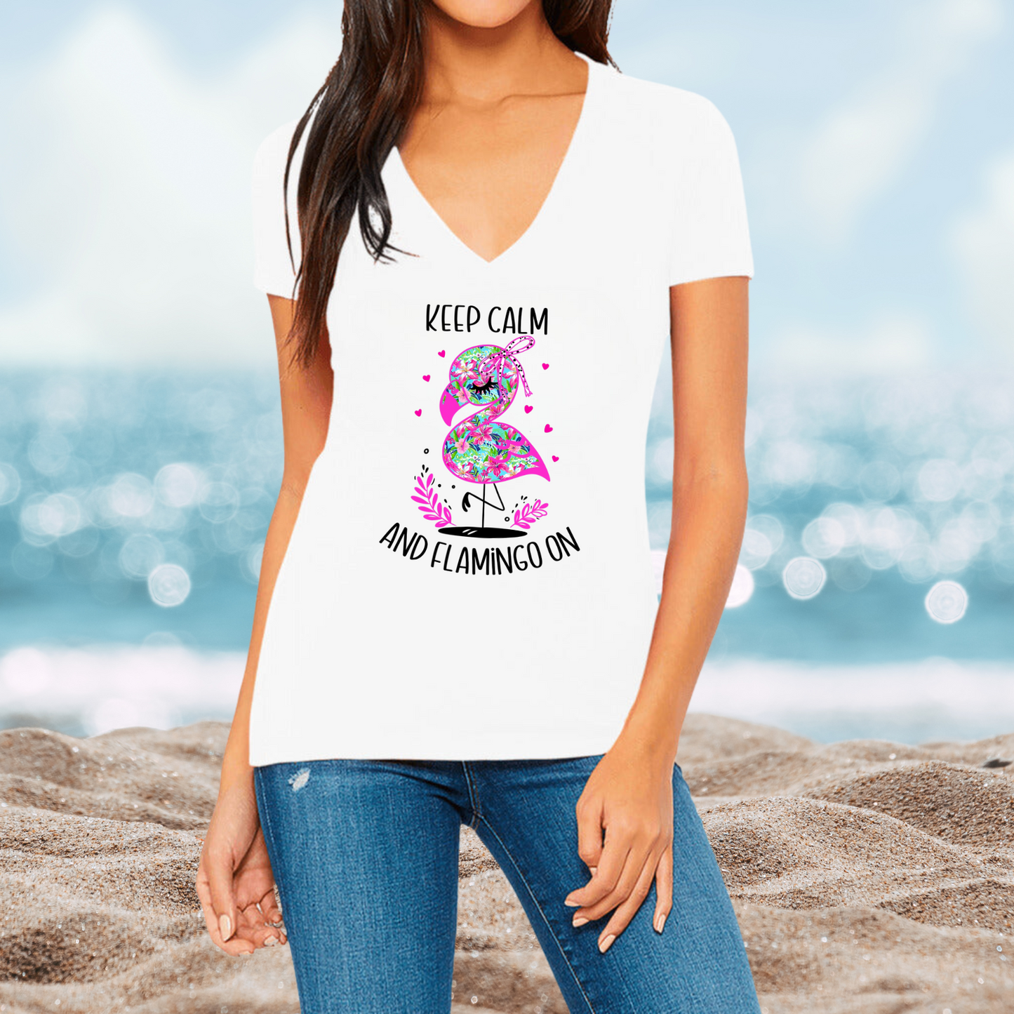 Keep Calm And Flamingo On V-Neck Tee