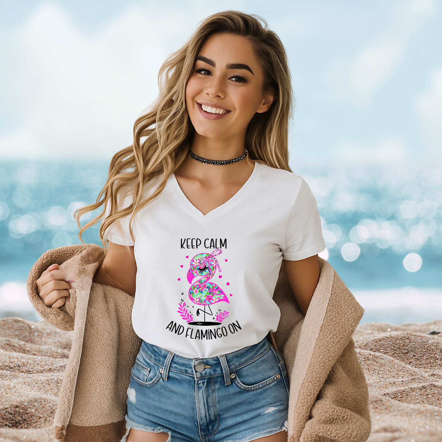 Keep Calm And Flamingo On V-Neck Tee