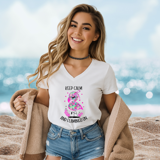 Keep Calm And Flamingo On V-Neck Tee