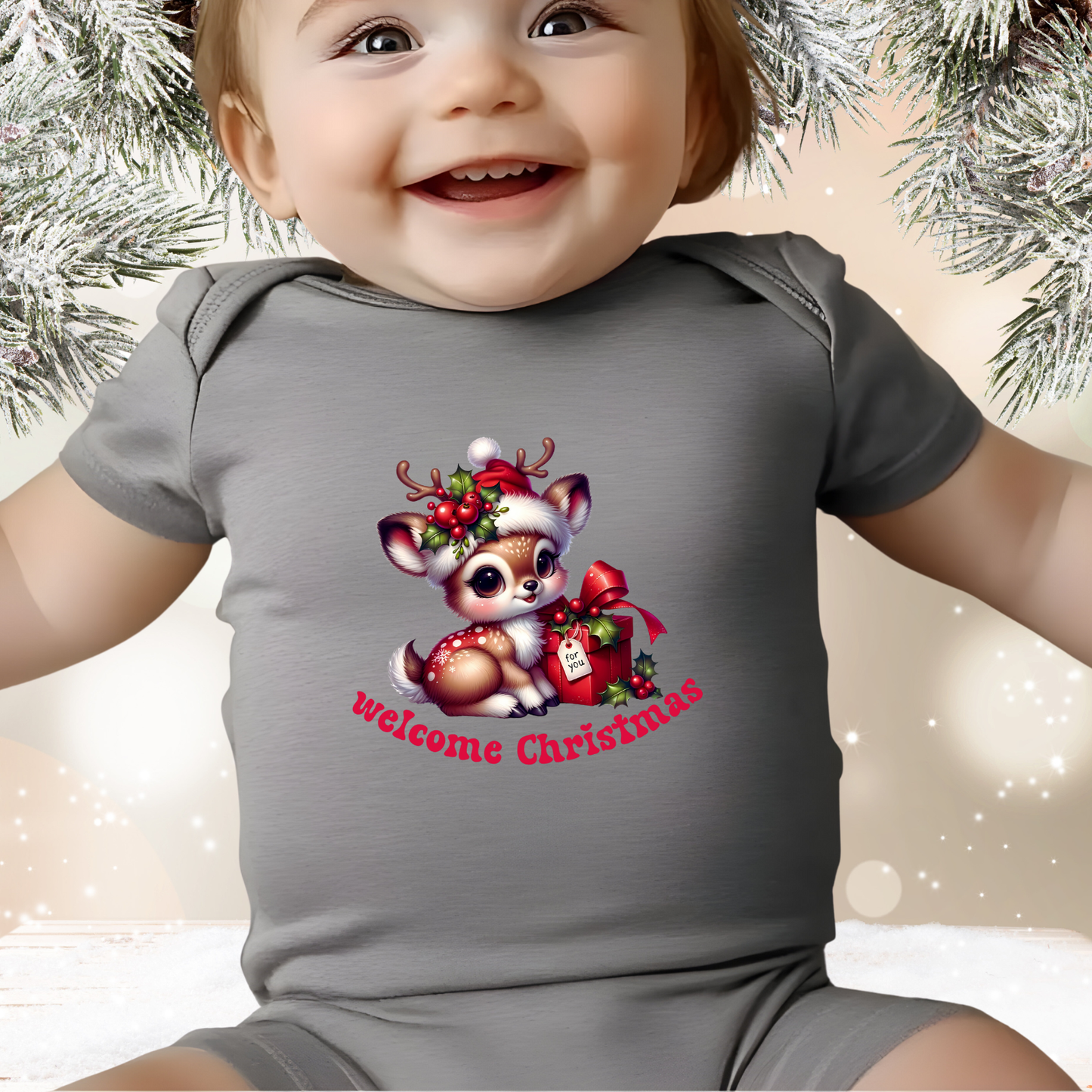 Welcome Christmas Infant Short Sleeve Onesie