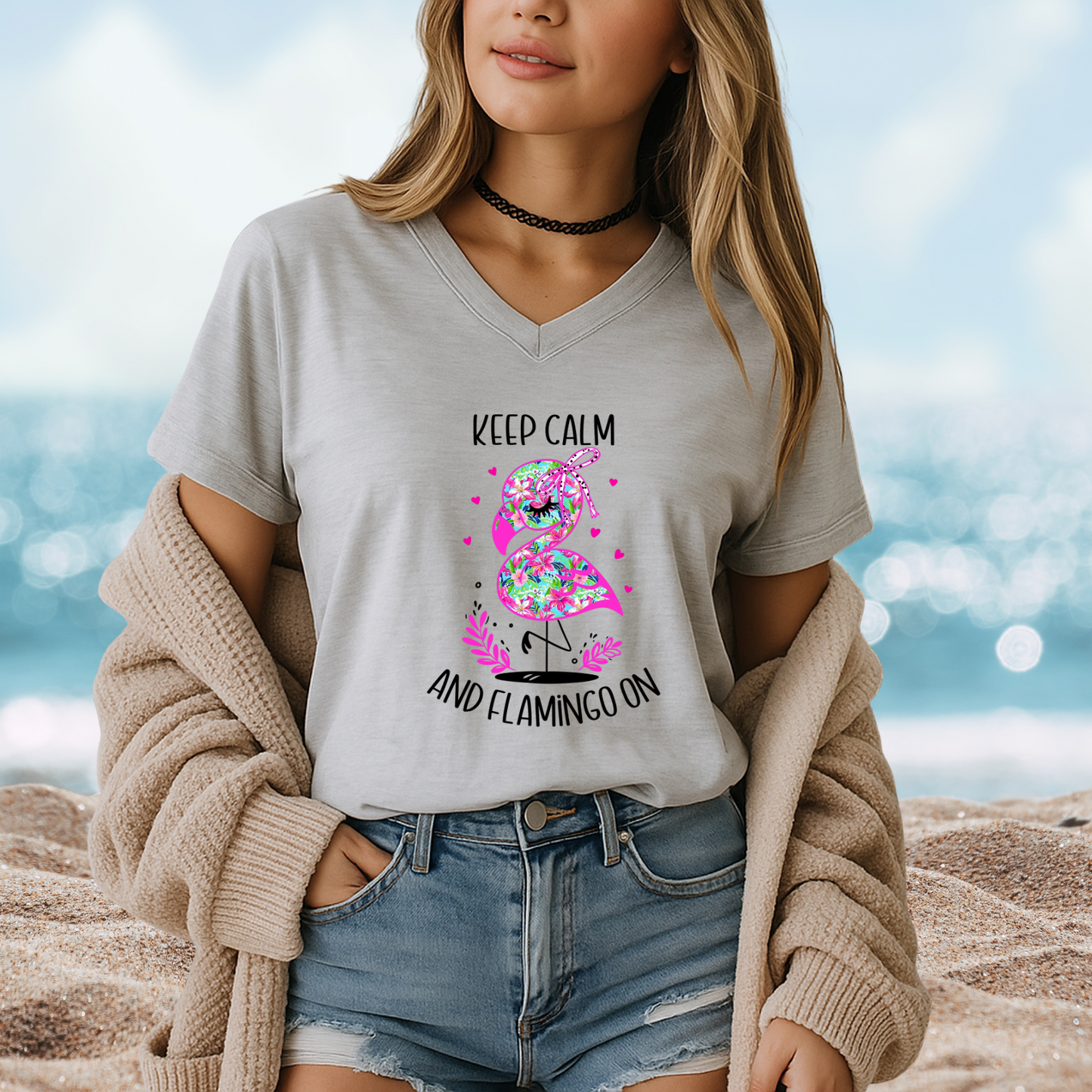 Keep Calm And Flamingo On V-Neck Tee