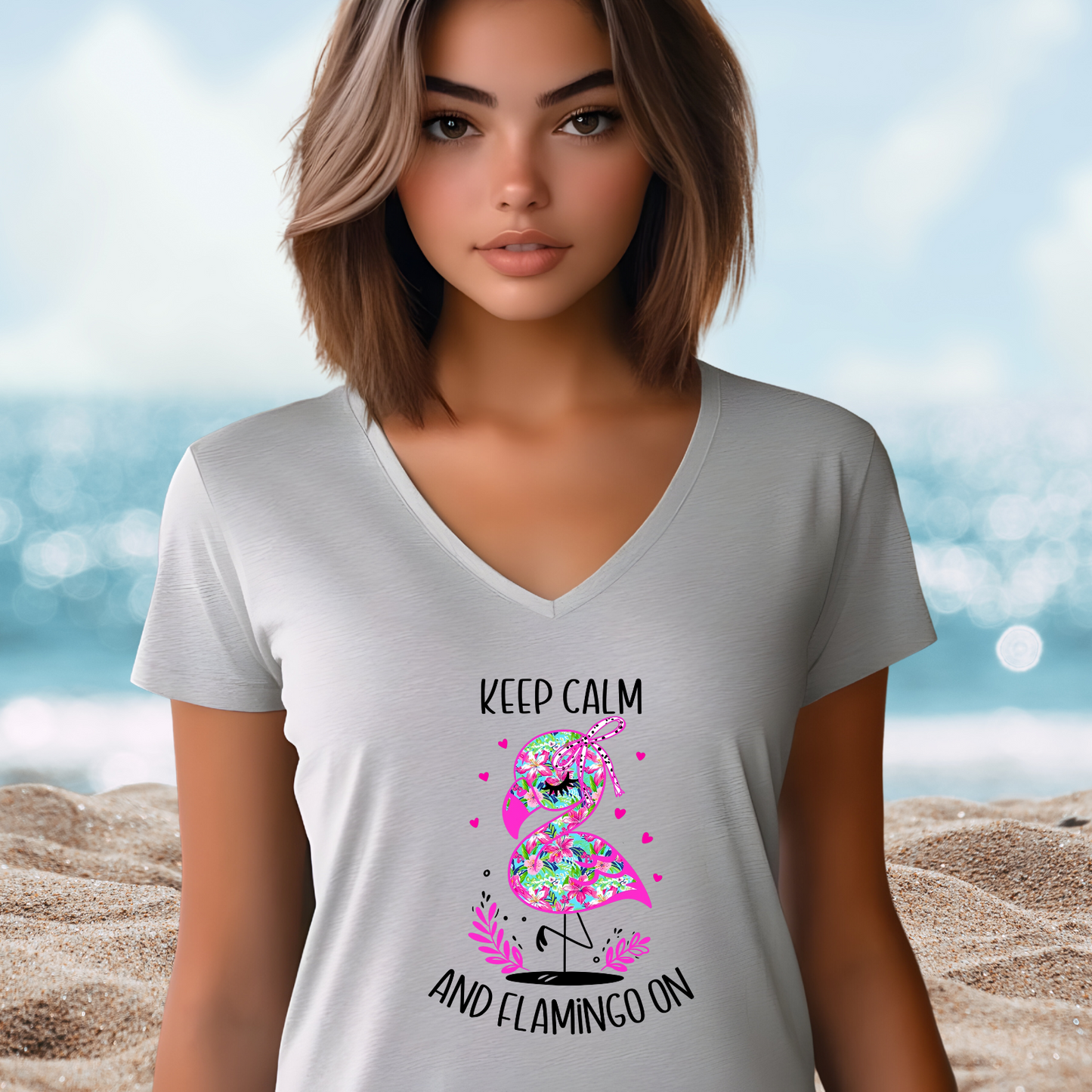 Keep Calm And Flamingo On V-Neck Tee