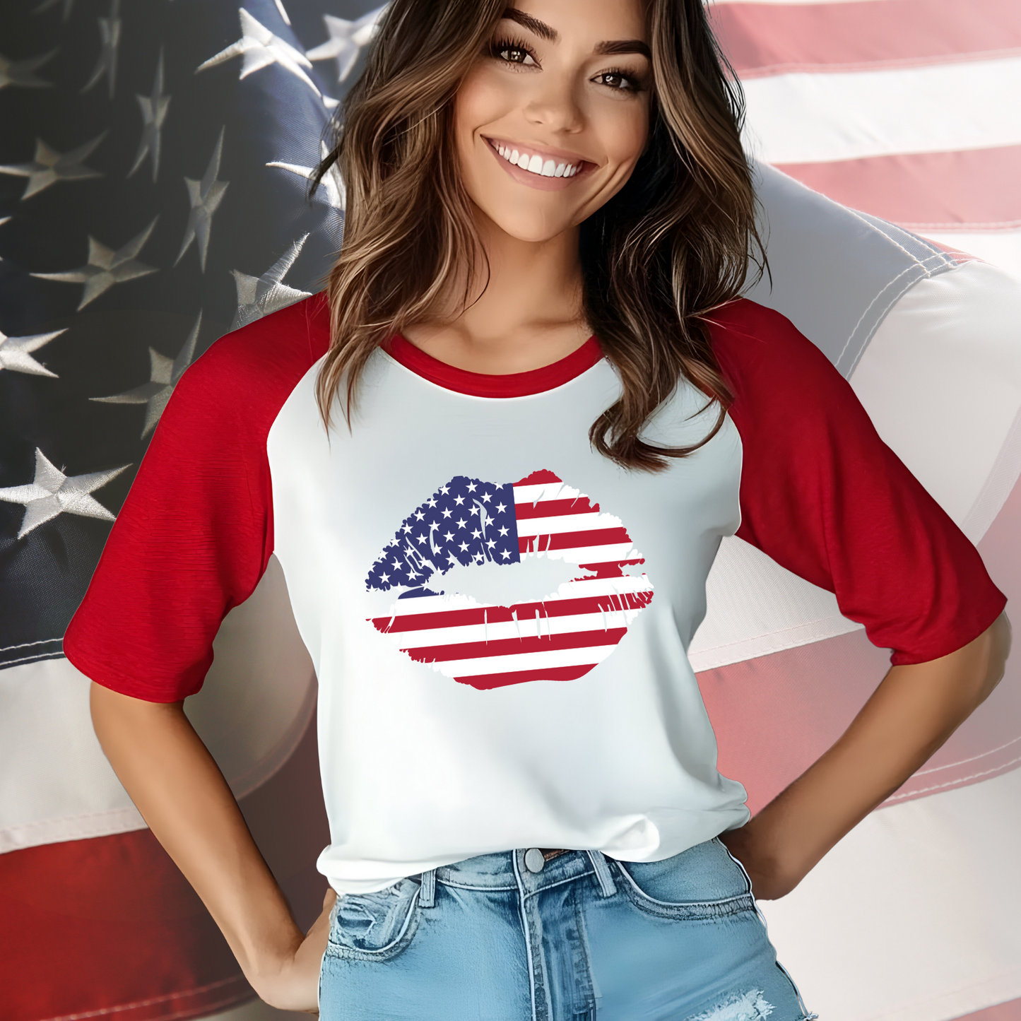 American Flag Lips Baseball Tee
