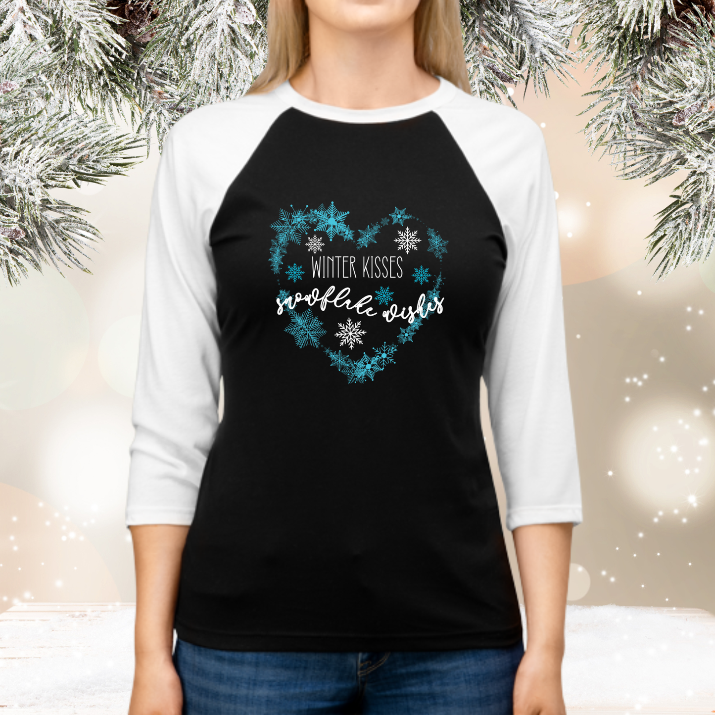 Winter Kisses, Snowflake Wishes Baseball Tee