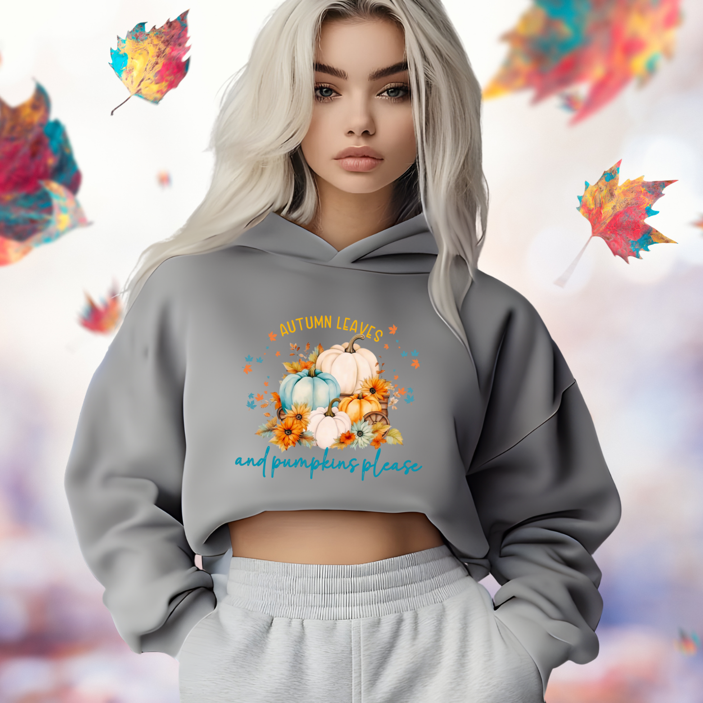 Autumn Leaves & Pumpkins Please Crop Hoodie