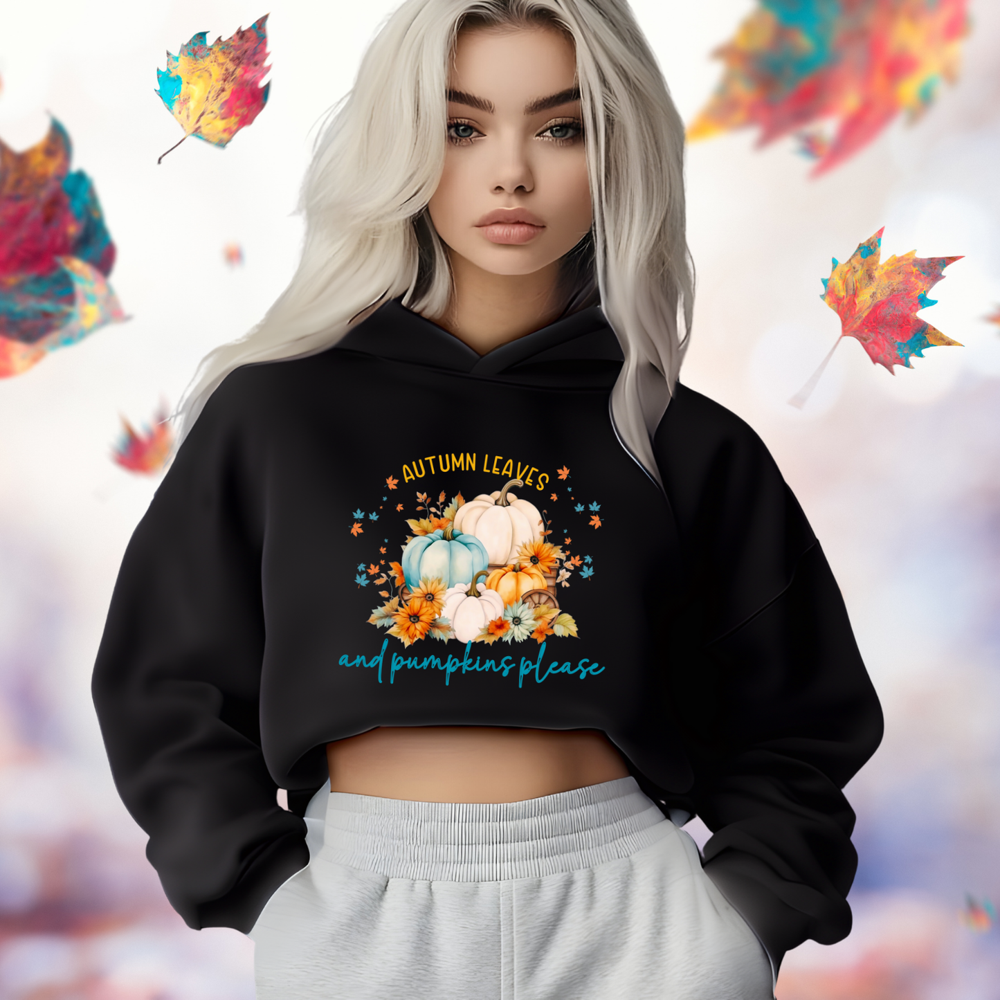 Autumn Leaves & Pumpkins Please Crop Hoodie