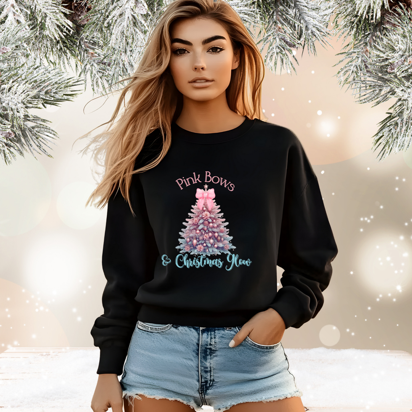 Pink Bows & Christmas Glow Crewneck Sweatshirt