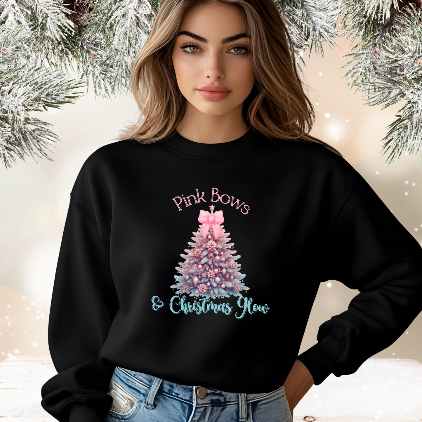 Pink Bows & Christmas Glow Crewneck Sweatshirt