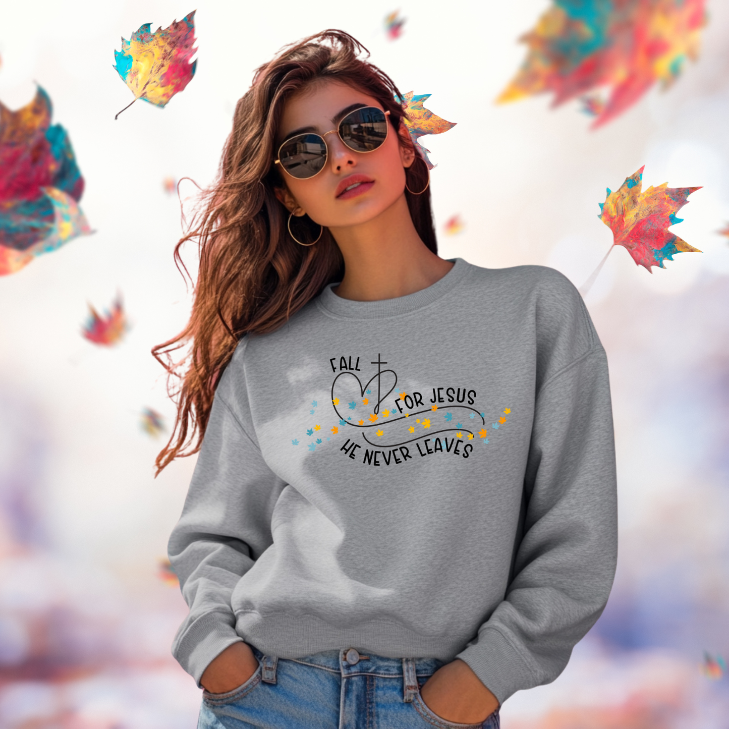 Fall for Jesus, He Never Leaves Crewneck Sweatshirt