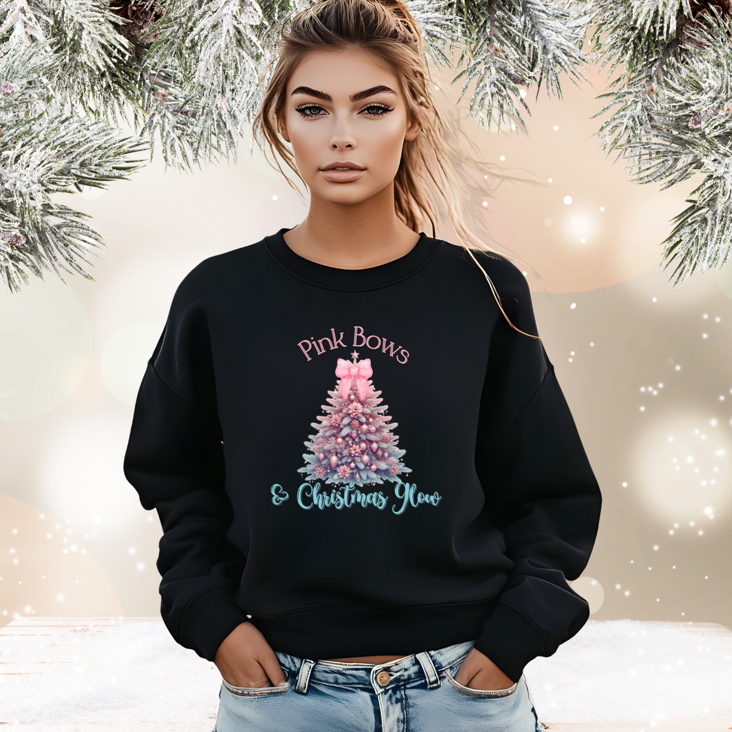 Pink Bows & Christmas Glow Crewneck Sweatshirt