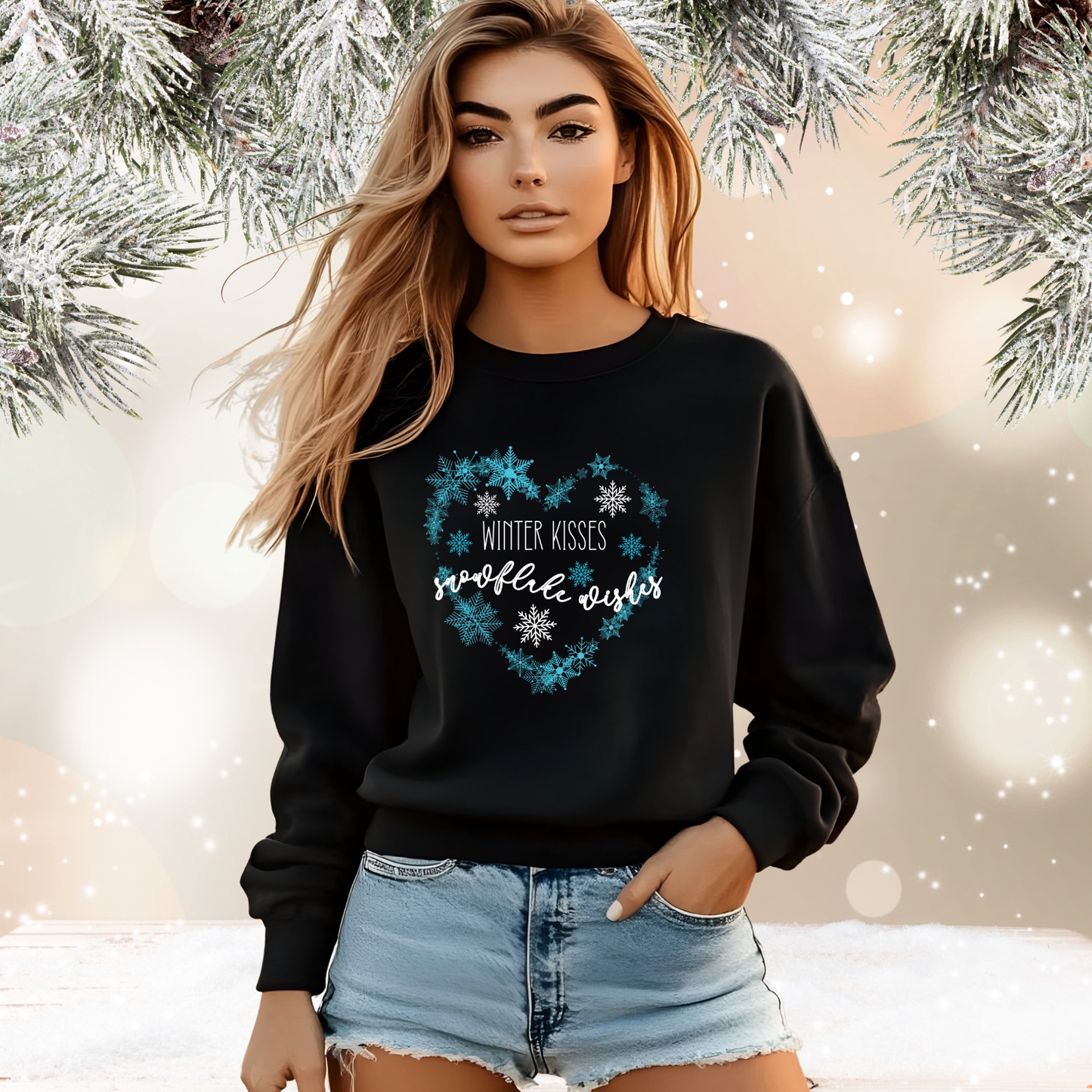 Winter Kisses, Snowflake Wishes Crewneck Sweatshirt