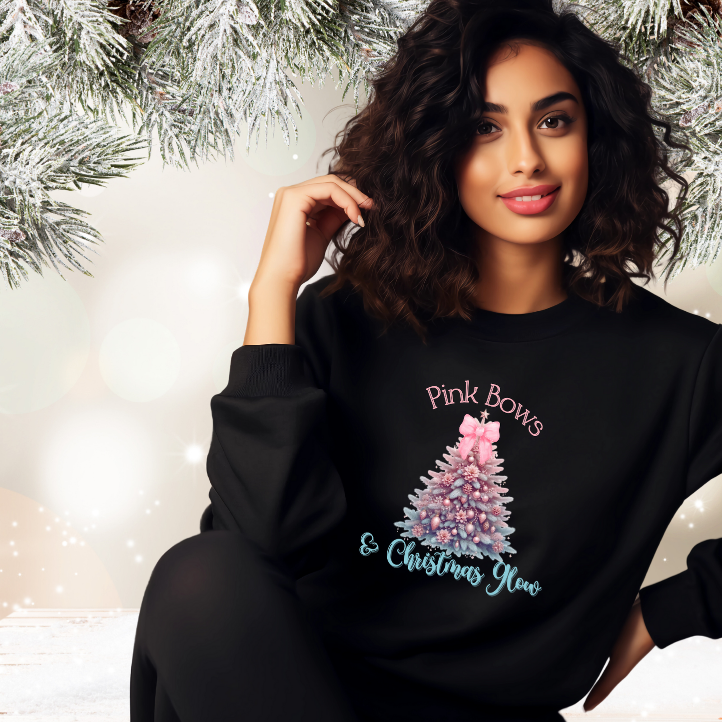 Pink Bows & Christmas Glow Crewneck Sweatshirt