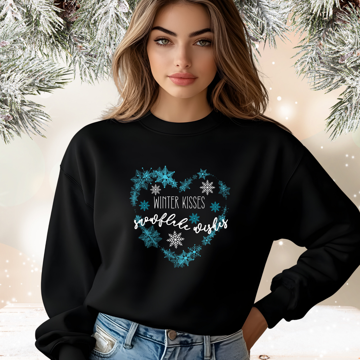 Winter Kisses, Snowflake Wishes Crewneck Sweatshirt
