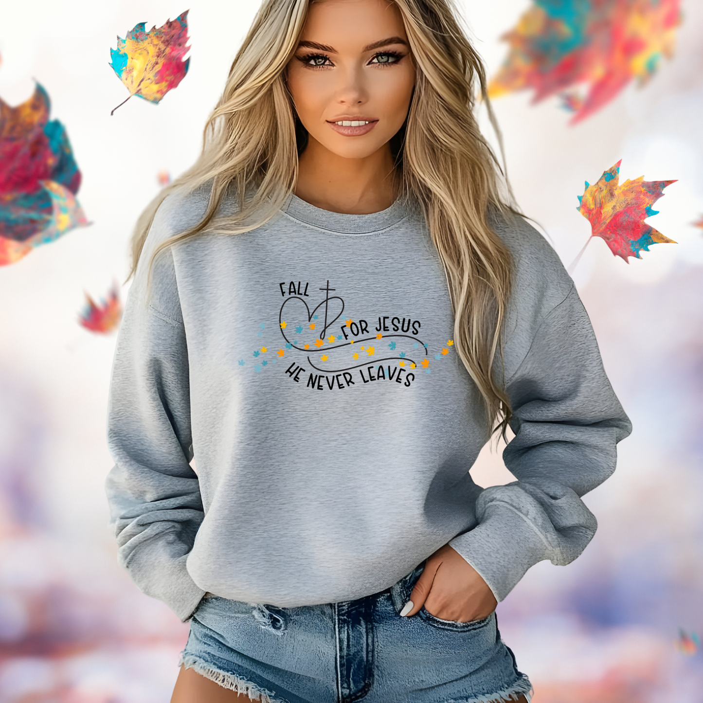 Fall for Jesus, He Never Leaves Crewneck Sweatshirt