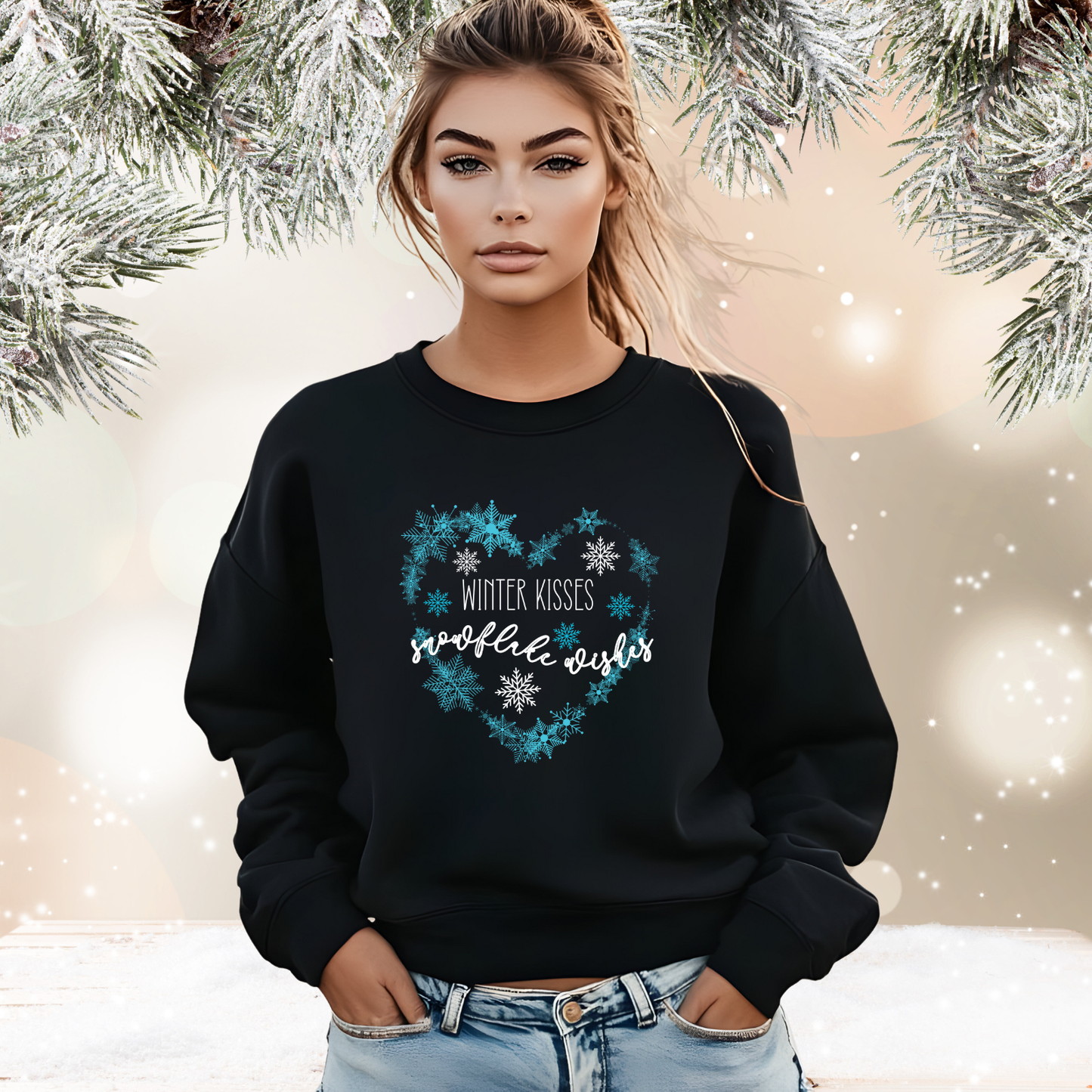 Winter Kisses, Snowflake Wishes Crewneck Sweatshirt