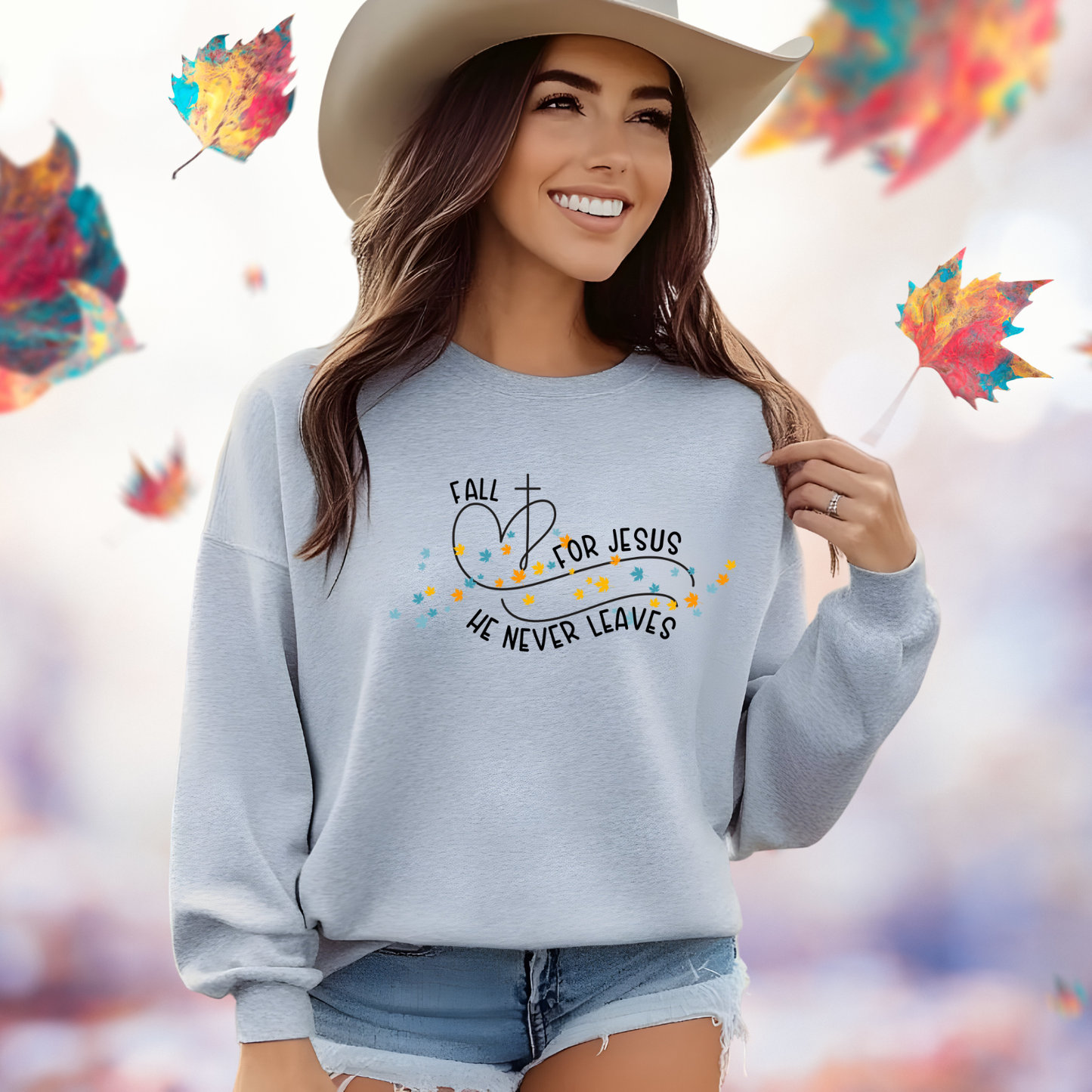 Fall for Jesus, He Never Leaves Crewneck Sweatshirt