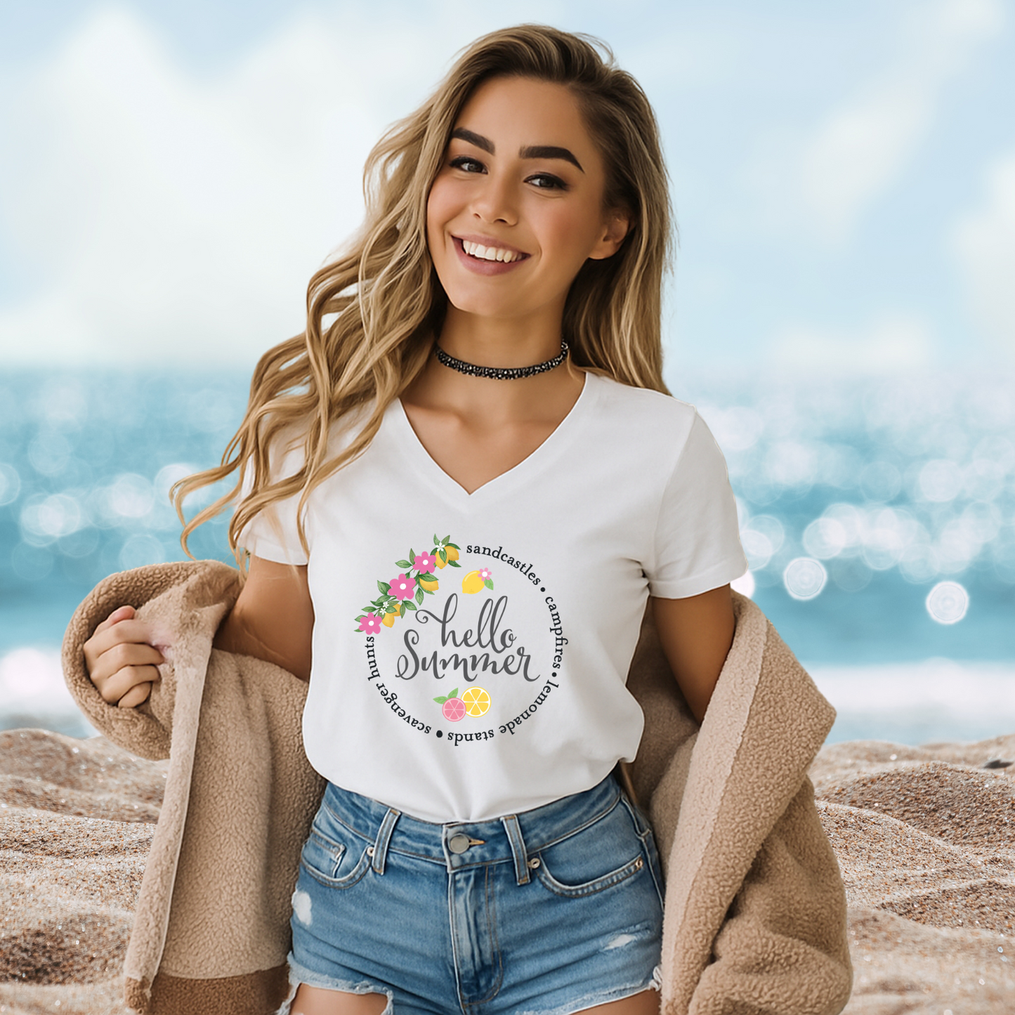 Hello Summer Sandcastles V-Neck Tee