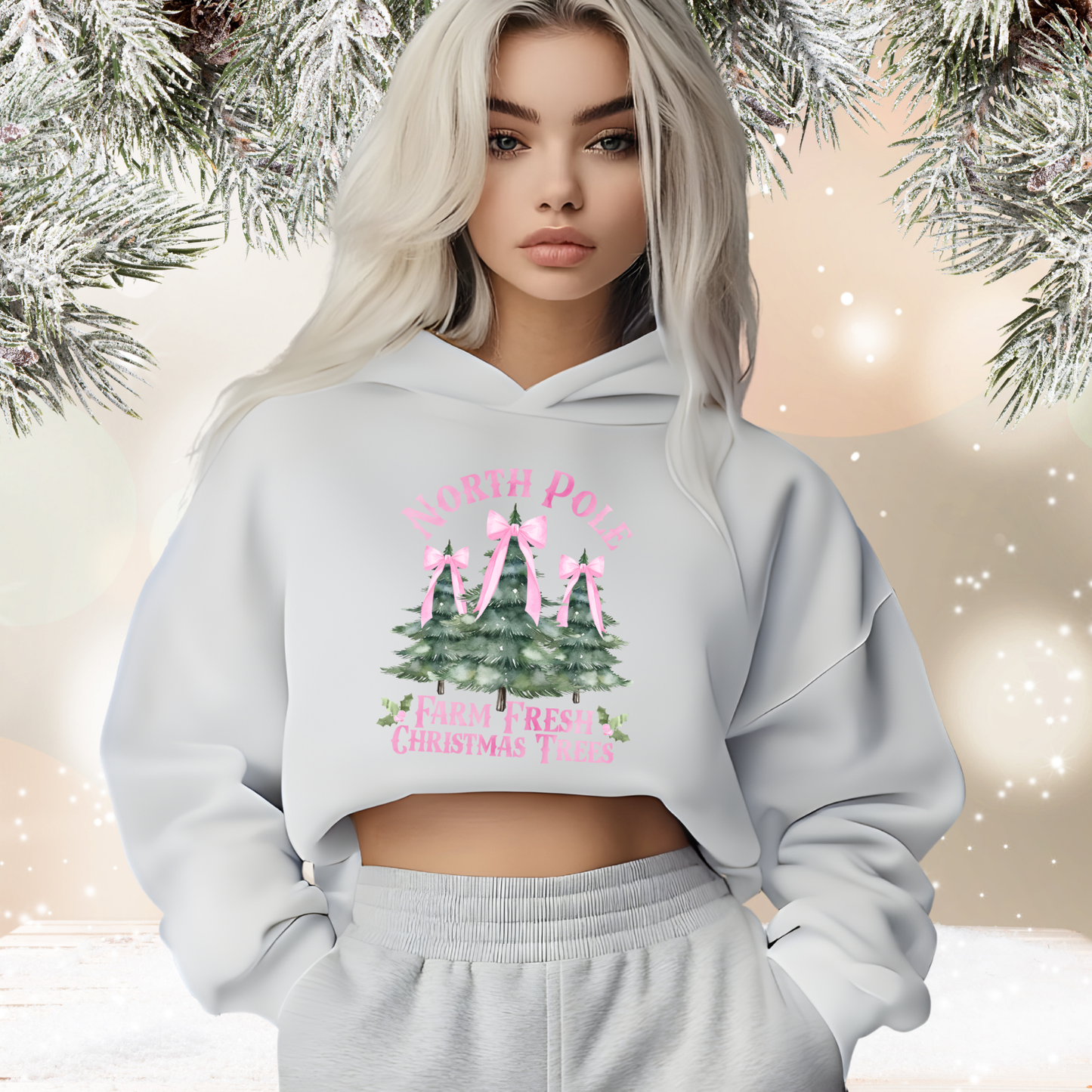 North Pole Christmas Trees Crop Hoodie